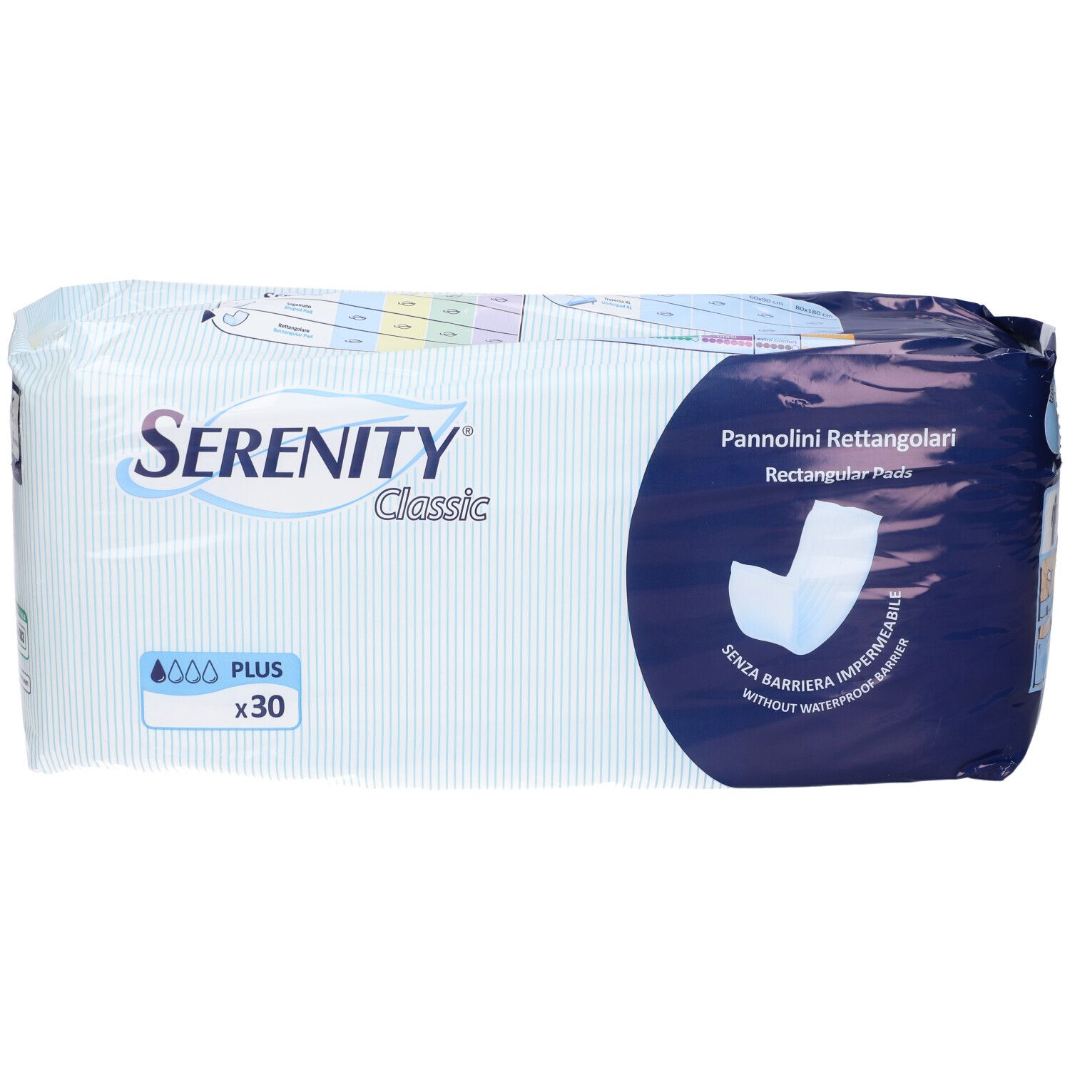 Confezione di Serenity Classic Pannolini Rettangolari Plus. Confezione blu e bianca con nome e logo del prodotto. Contiene 30 pezzi.