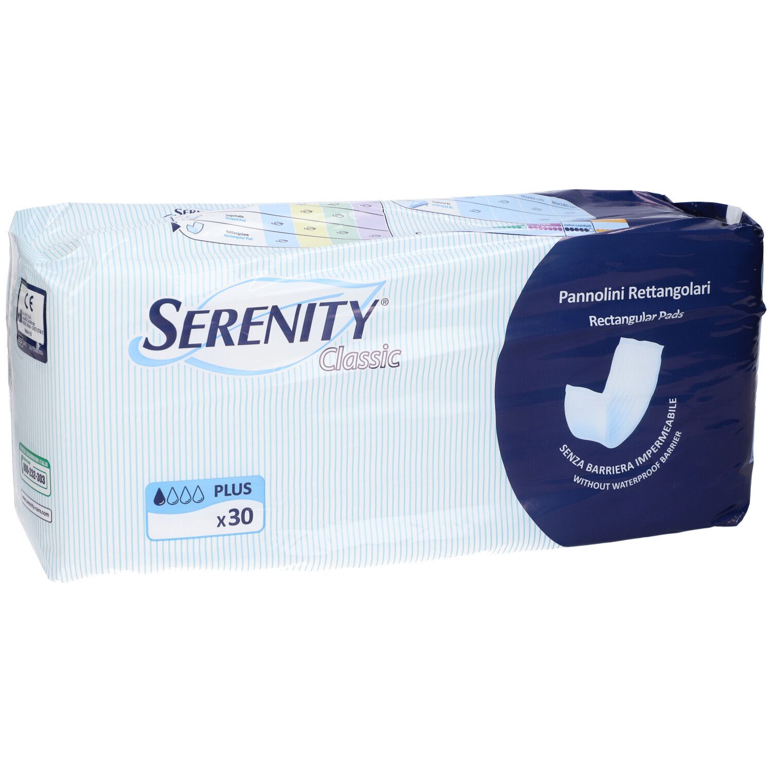 Confezione di Serenity Classic Pannolini Rettangolari Plus. Confezione blu e bianca con nome e logo del prodotto. Contiene 30 pezzi.
