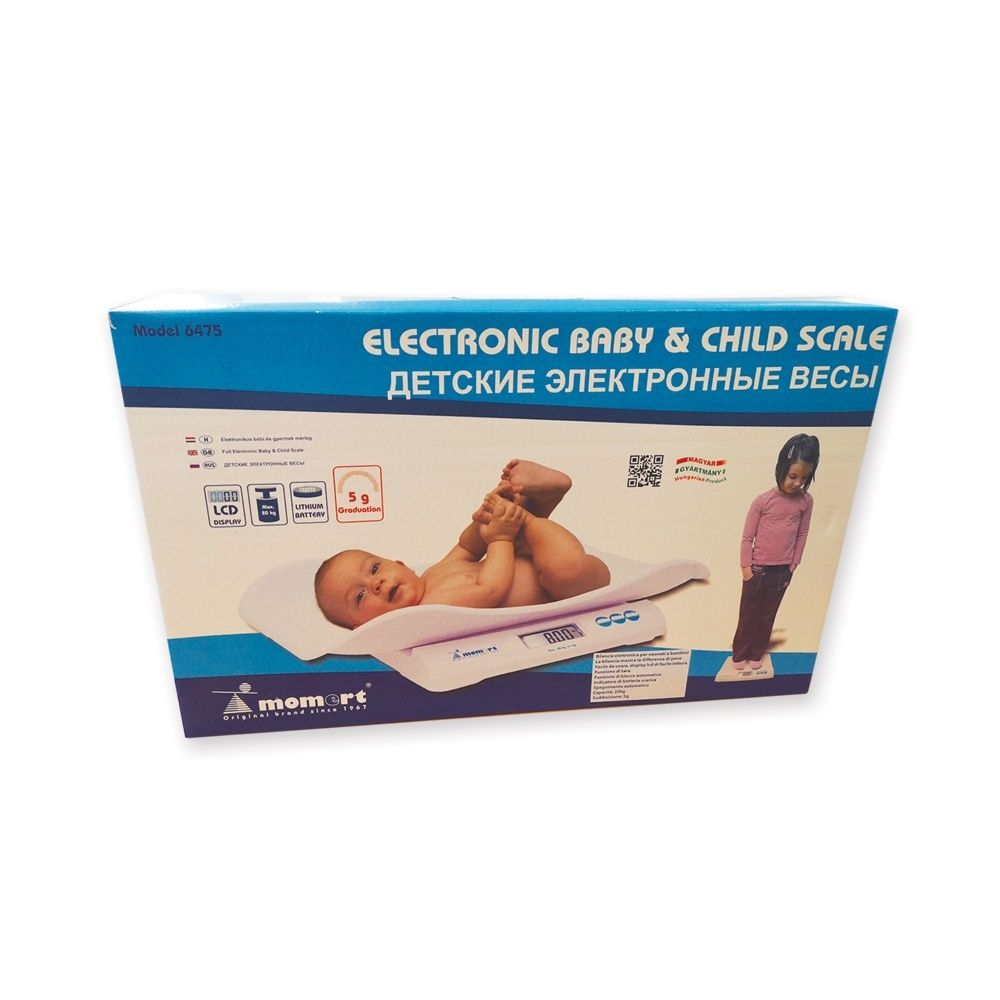 Confezione per bilancia elettronica neonati e bambini. Immagine di un bambino sulla bilancia.
