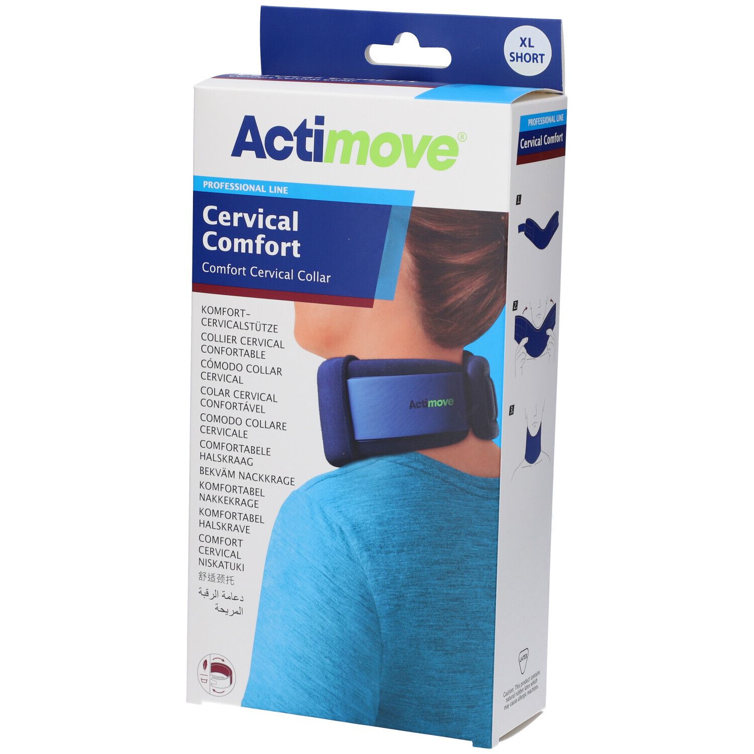 Confezione Actimove Cervical Comfort Collare Cervicale. Prodotto indossato da una persona.