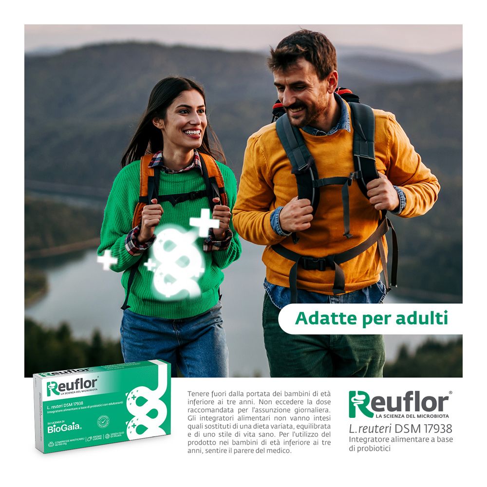 Confezione Reuflor® da 20 compresse masticabili, L. reuteri DSM 17938, con escursionisti.