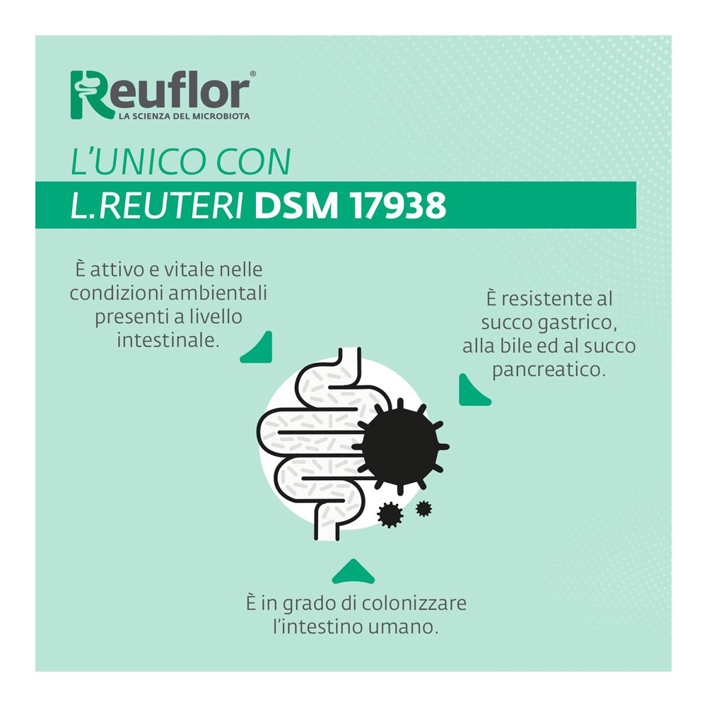 Reuflor®: L. reuteri DSM 17938, attivo nell'intestino, resistente ai succhi gastrici.