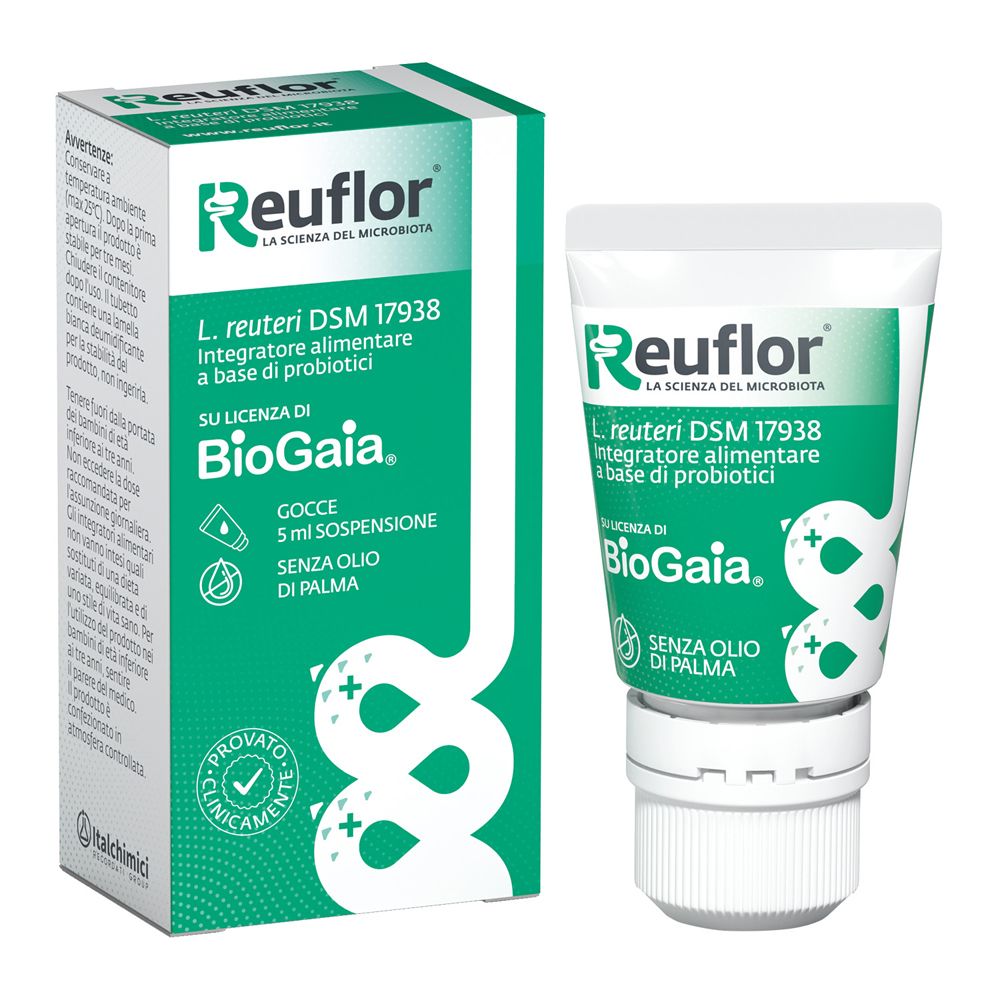 Reuflor Gocce: confezione in cartone e flacone contagocce, informazioni prodotto, sospensione 5 ml.