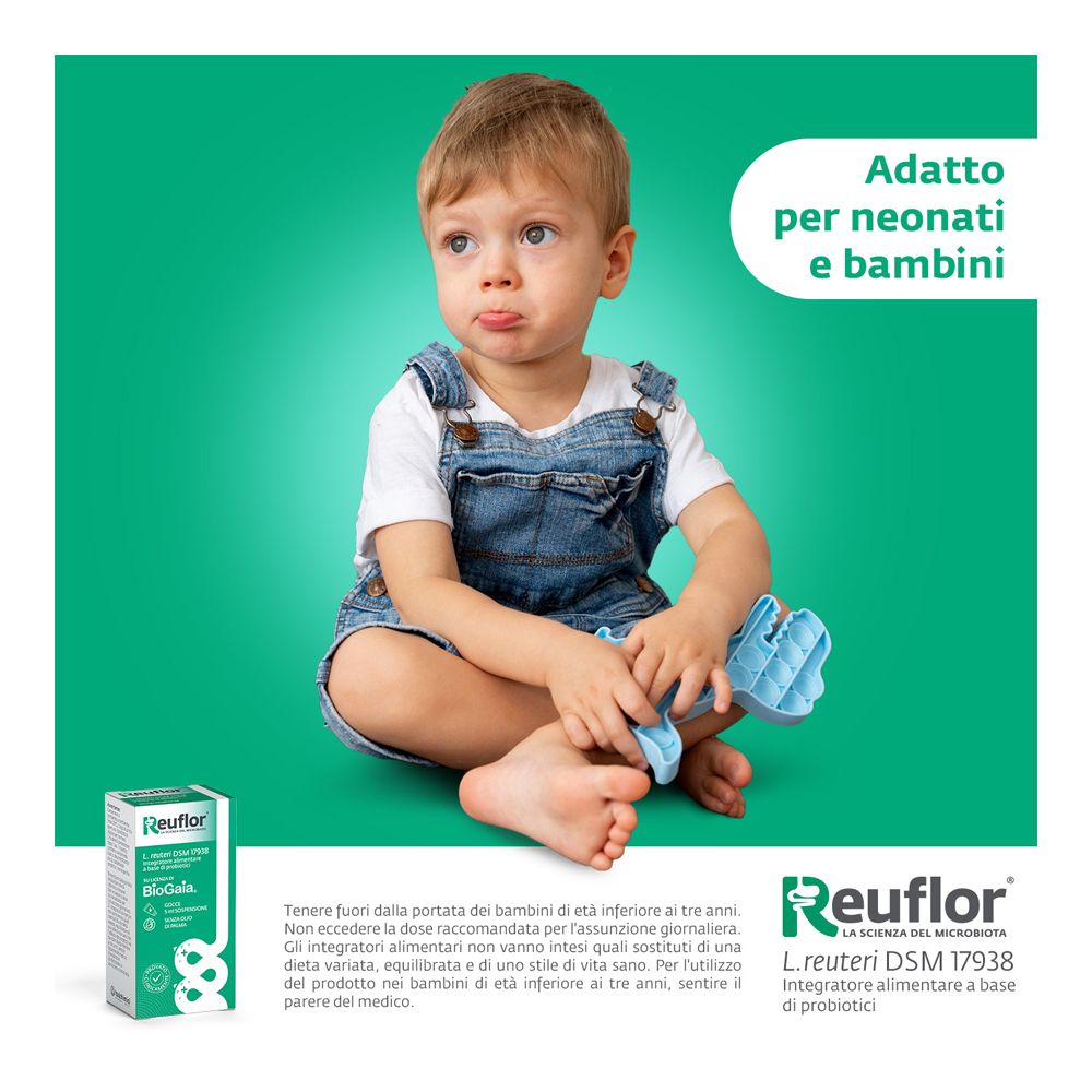 Reuflor Gocce: bambino piccolo seduto con giocattolo, accanto confezione prodotto. Testo: "Adatto per neonati e bambini".