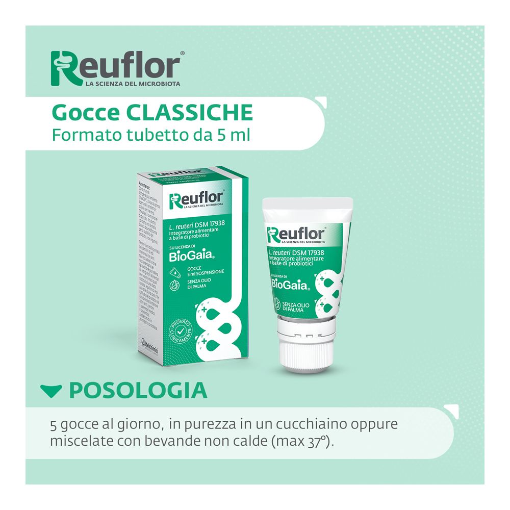 Reuflor Gocce Classiche: confezione in cartone e flacone contagocce da 5 ml. "Posologia: 5 gocce al giorno".