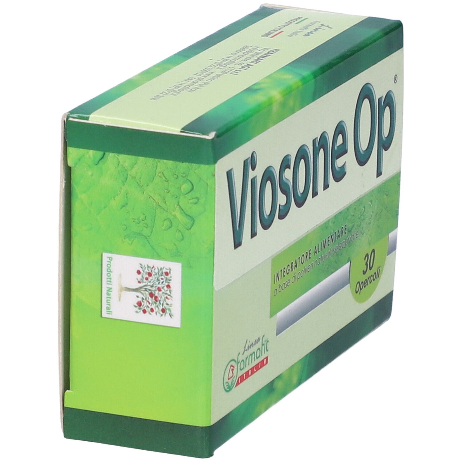 Scatola verde con logo "Viosone Op". Visibili anche "30 Opercoli" e "Integratore Alimentare".