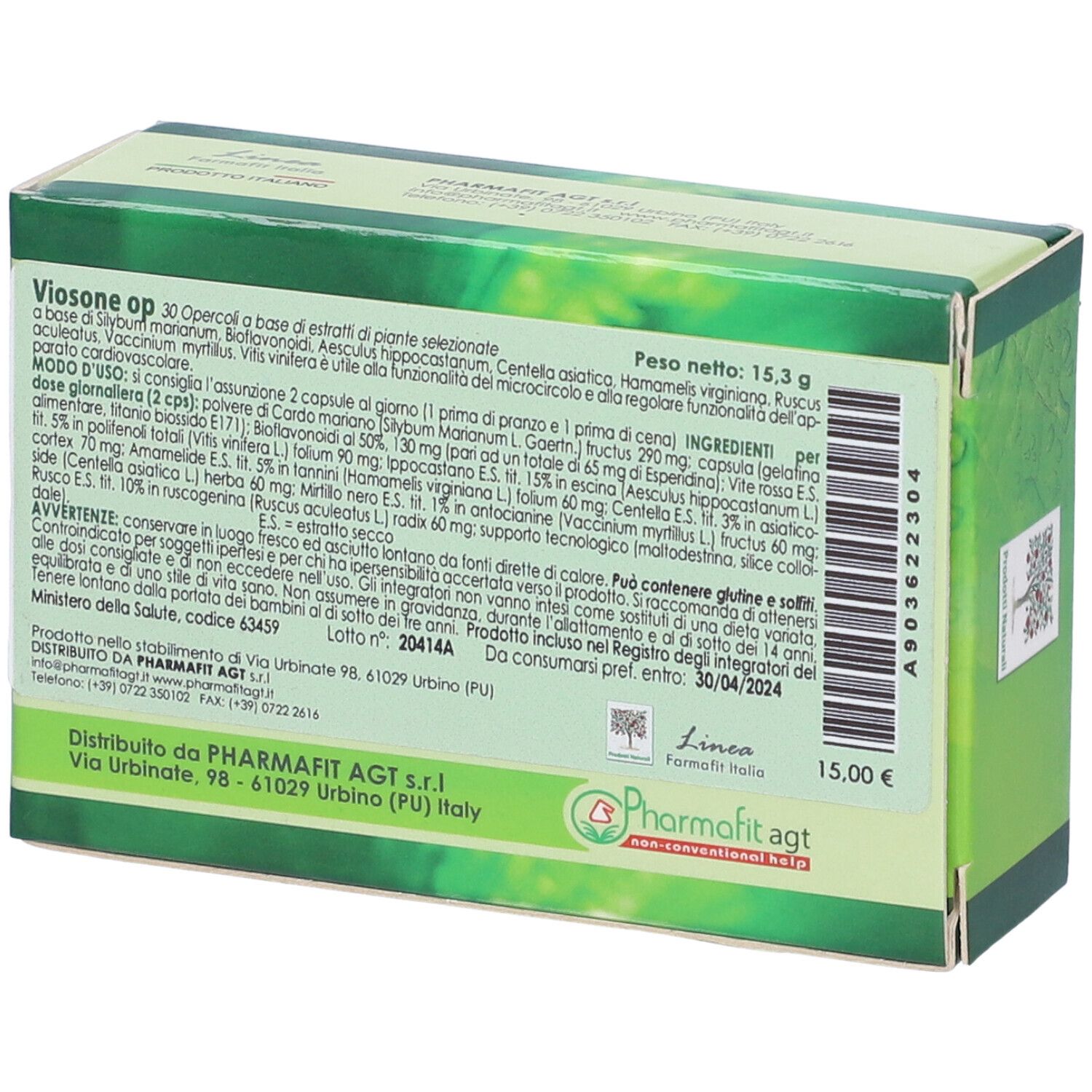 Retro scatola verde con testo. Visibili "Viosone Op" e informazioni ingredienti. Prezzo: 15,00.