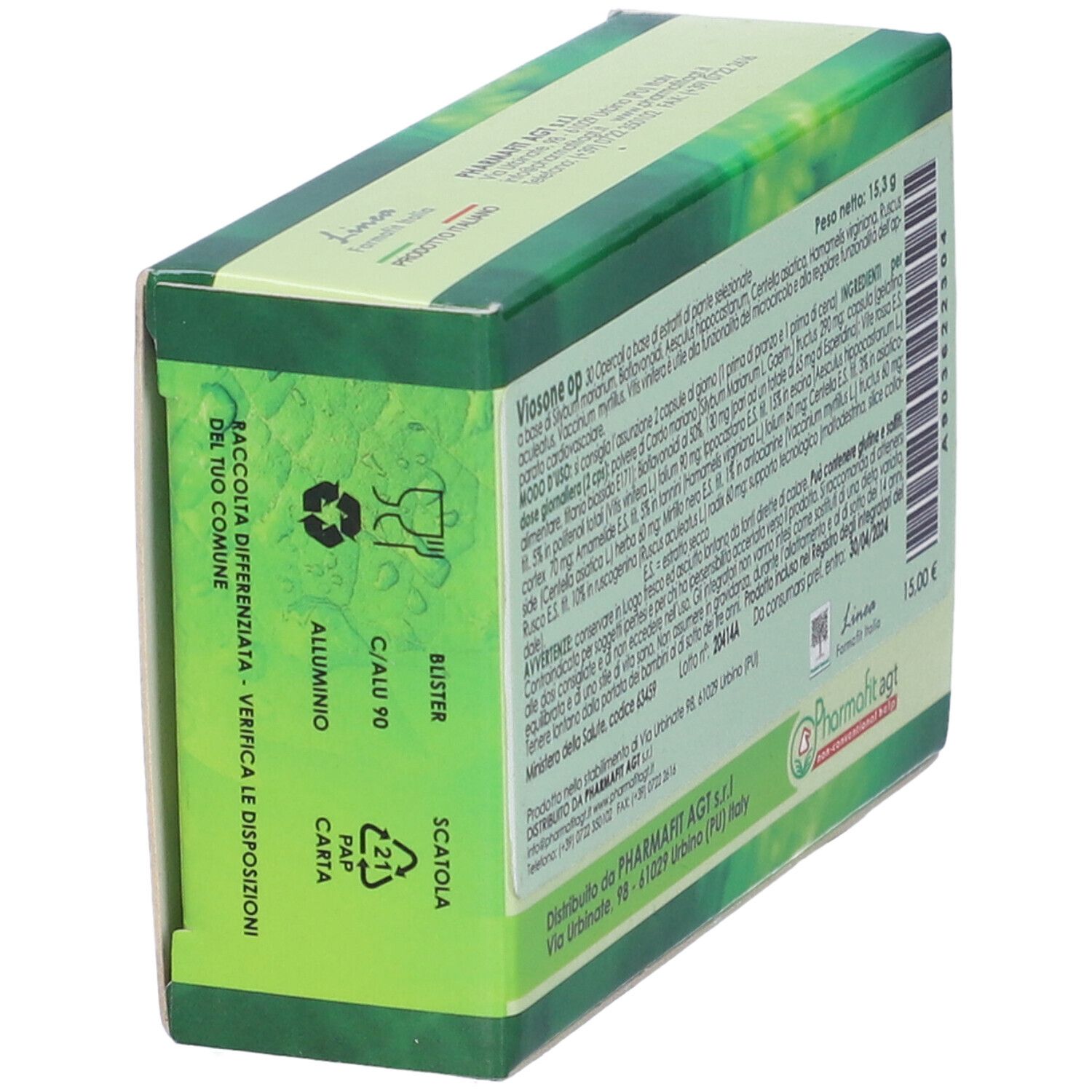 Retro scatola verde con testo. Visibili "Viosone Op" e informazioni ingredienti. Prezzo: 15,00.