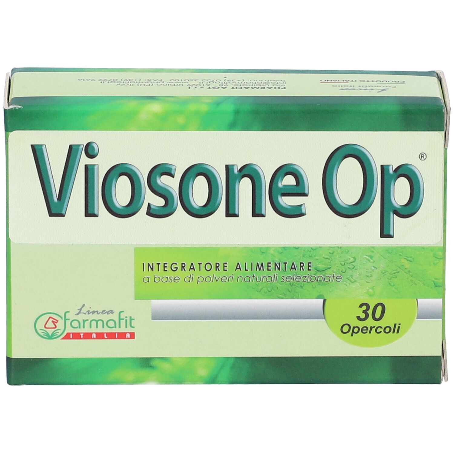 Scatola verde con logo "Viosone Op". Visibili anche "30 Opercoli" e "Integratore Alimentare".
