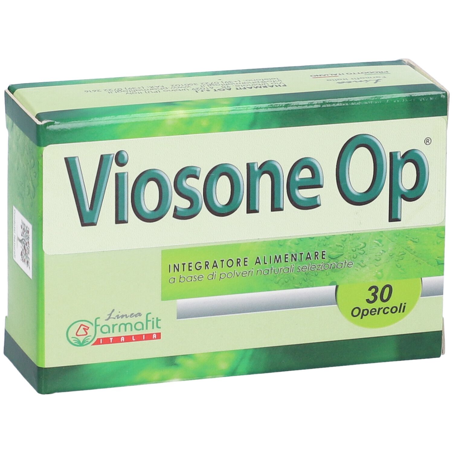Scatola verde con logo "Viosone Op". Visibili anche "30 Opercoli" e "Integratore Alimentare".
