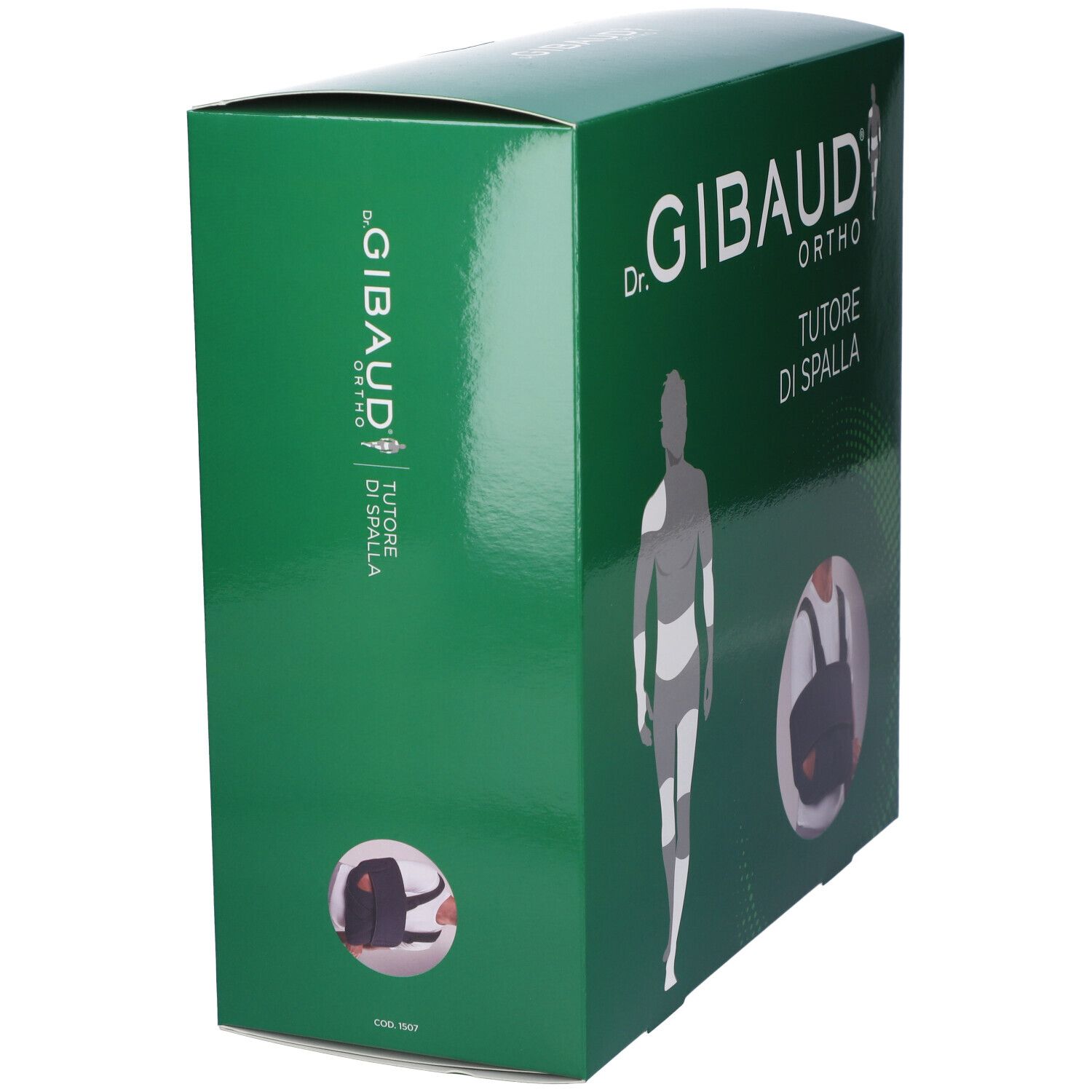 Scatola verde, vista laterale. Scritto: Dr. Gibaud Ortho, Tutore di Spalla. Illustrazione di un tutore per spalla.