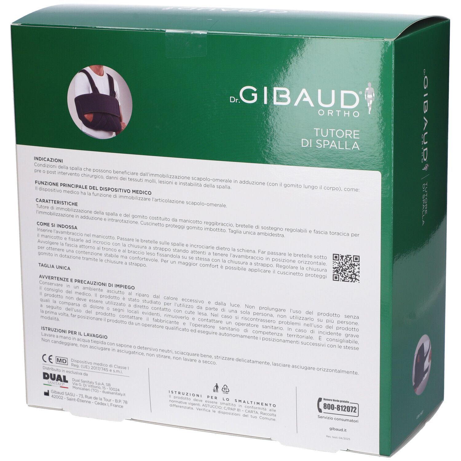 Scatola verde, retro. Testo e illustrazioni. Scritto: Tutore di Spalla. Marchio CE.