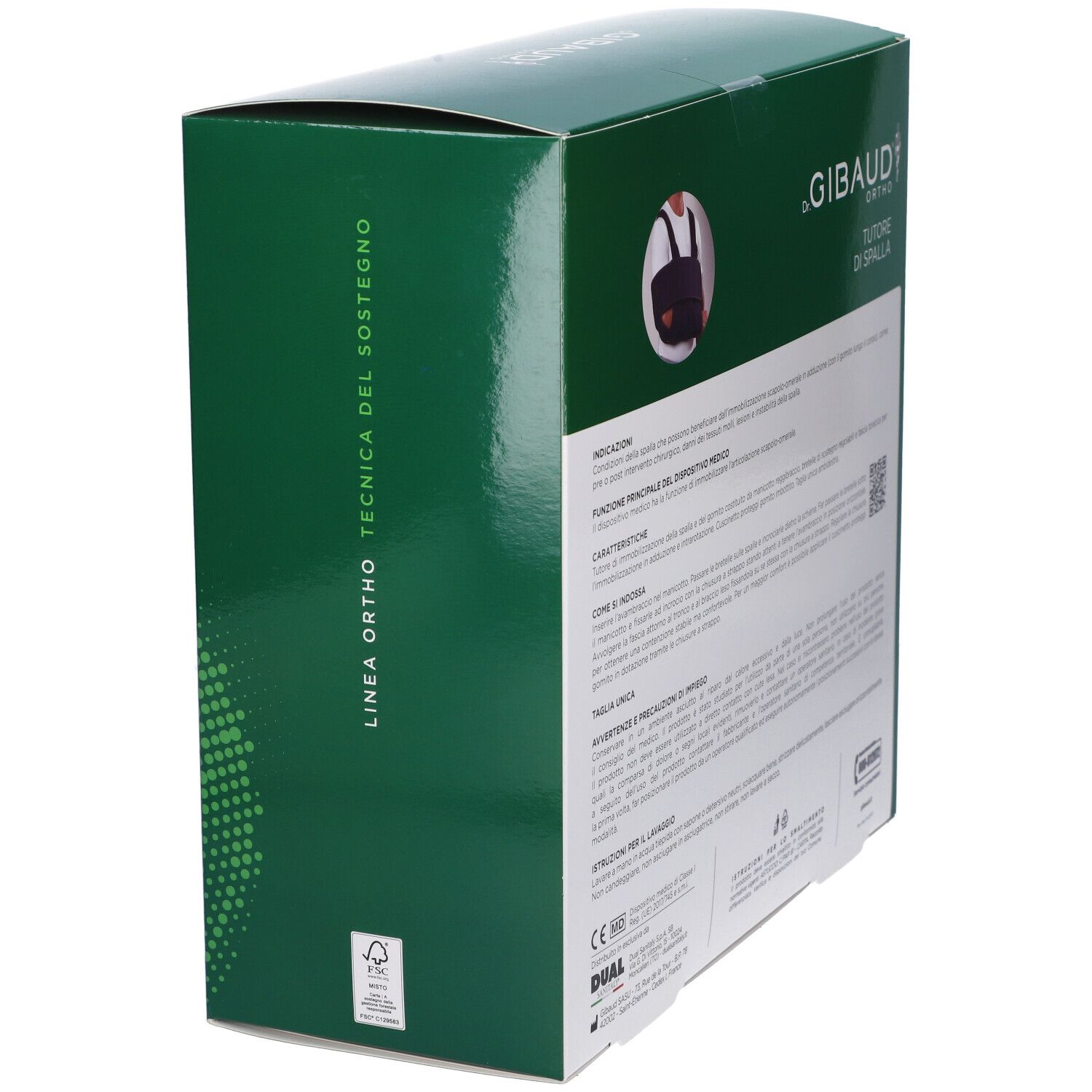 Scatola verde, vista laterale. Testo e illustrazioni. Scritto: Linea Ortho Tecnica del Sostegno.