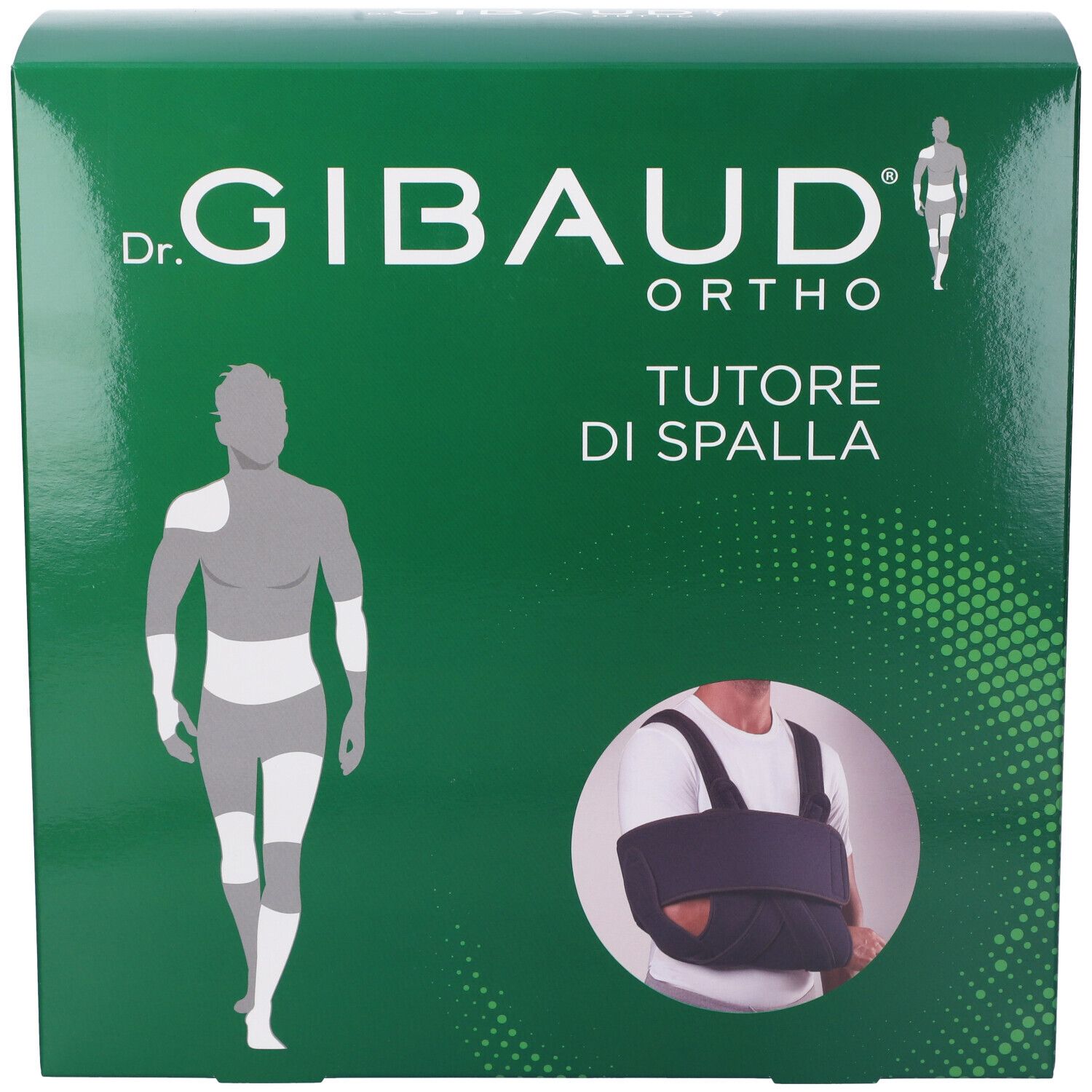 Scatola verde con immagine del prodotto. Scritto: Dr. Gibaud Ortho, Tutore di Spalla. Illustrazione di un tutore per spalla.