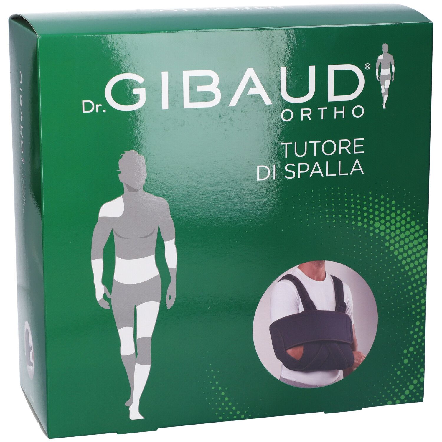 Scatola verde con immagine del prodotto. Scritto: Dr. Gibaud Ortho, Tutore di Spalla. Illustrazione di un tutore per spalla.