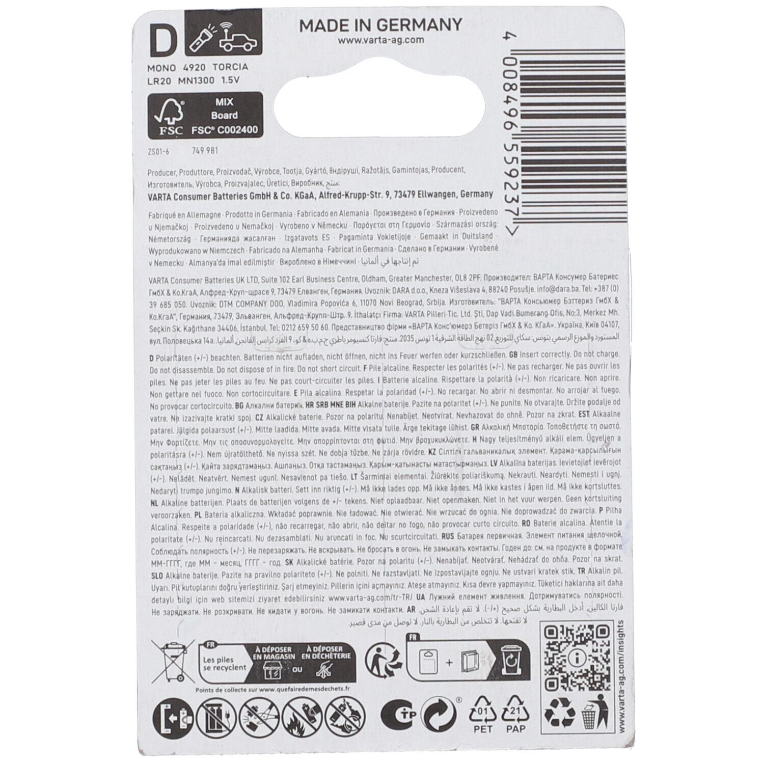 Retro della confezione delle pile VARTA. Testo, codice a barre, loghi e informazioni. Prodotto in Germania.