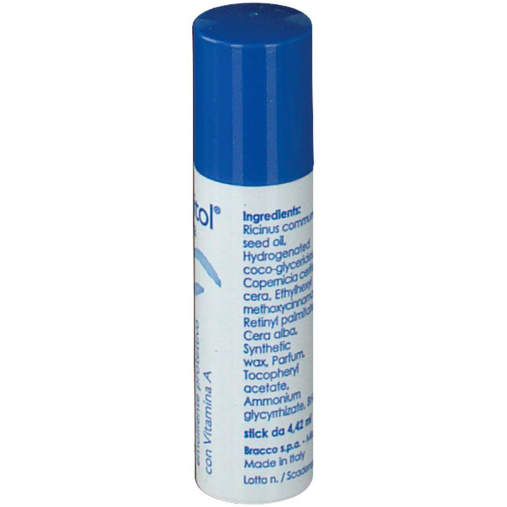 Stick per labbra Euvitol, bianco-blu. Retro con ingredienti e testo. Scritta: stick da 4,42 ml, Bracco s.p.a., Made in Italy.