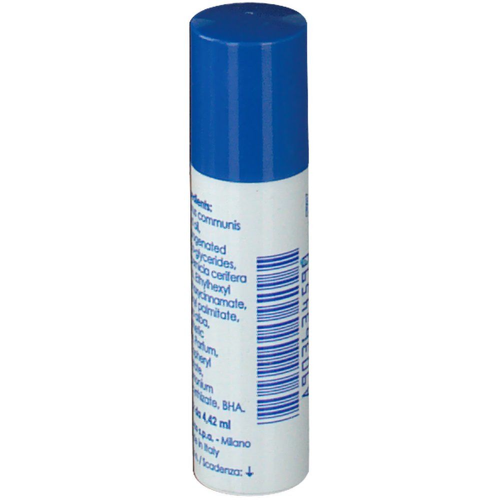 Stick per labbra Euvitol, bianco-blu. Retro con ingredienti e testo. Scritta: stick da 4,42 ml, Bracco s.p.a., Made in Italy.