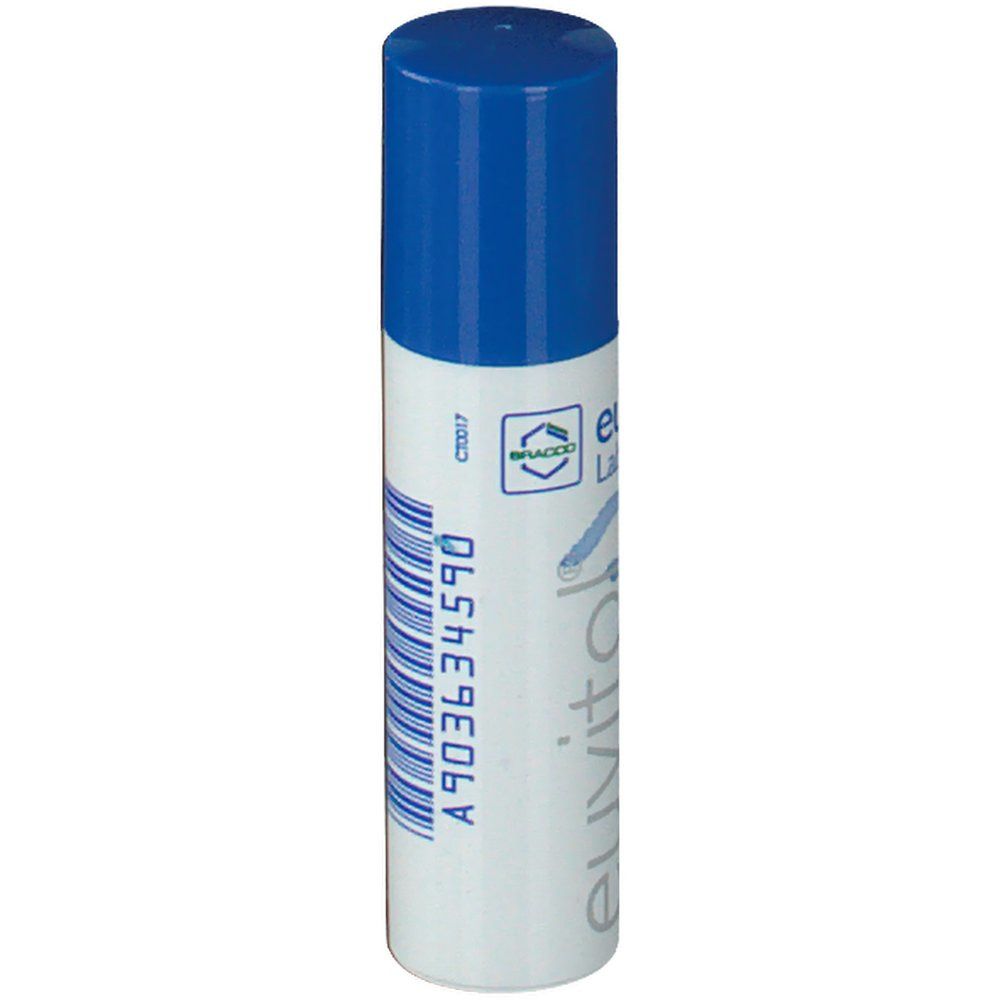 Stick per labbra Euvitol, bianco-blu. Con codice a barre e testo. Scritta: A903634590, logo Bracco.