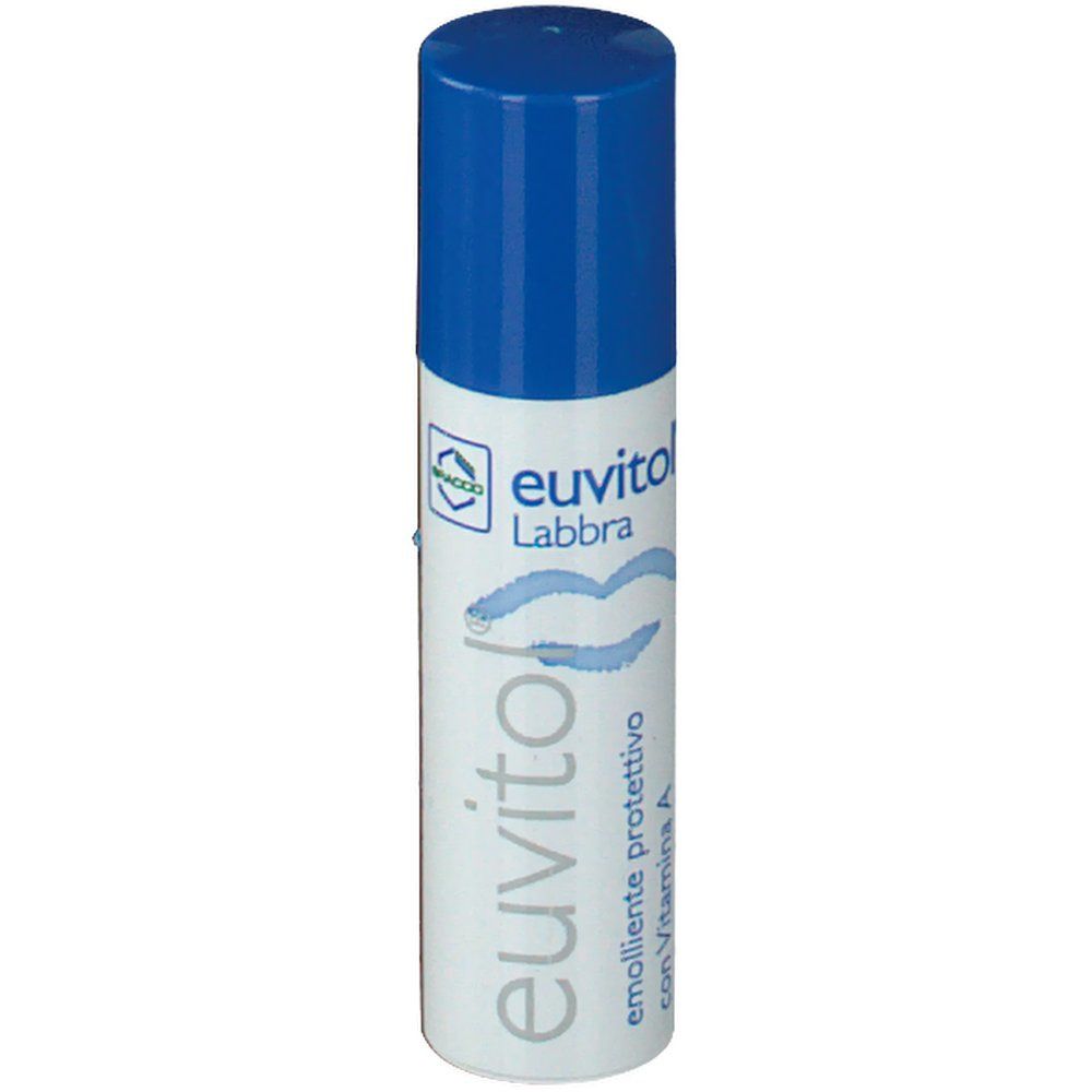 Stick per labbra Euvitol, bianco-blu. Con tappo blu. Scritta: Euvitol Labbra, simbolo labbra, emolliente protettivo con Vitamina A.
