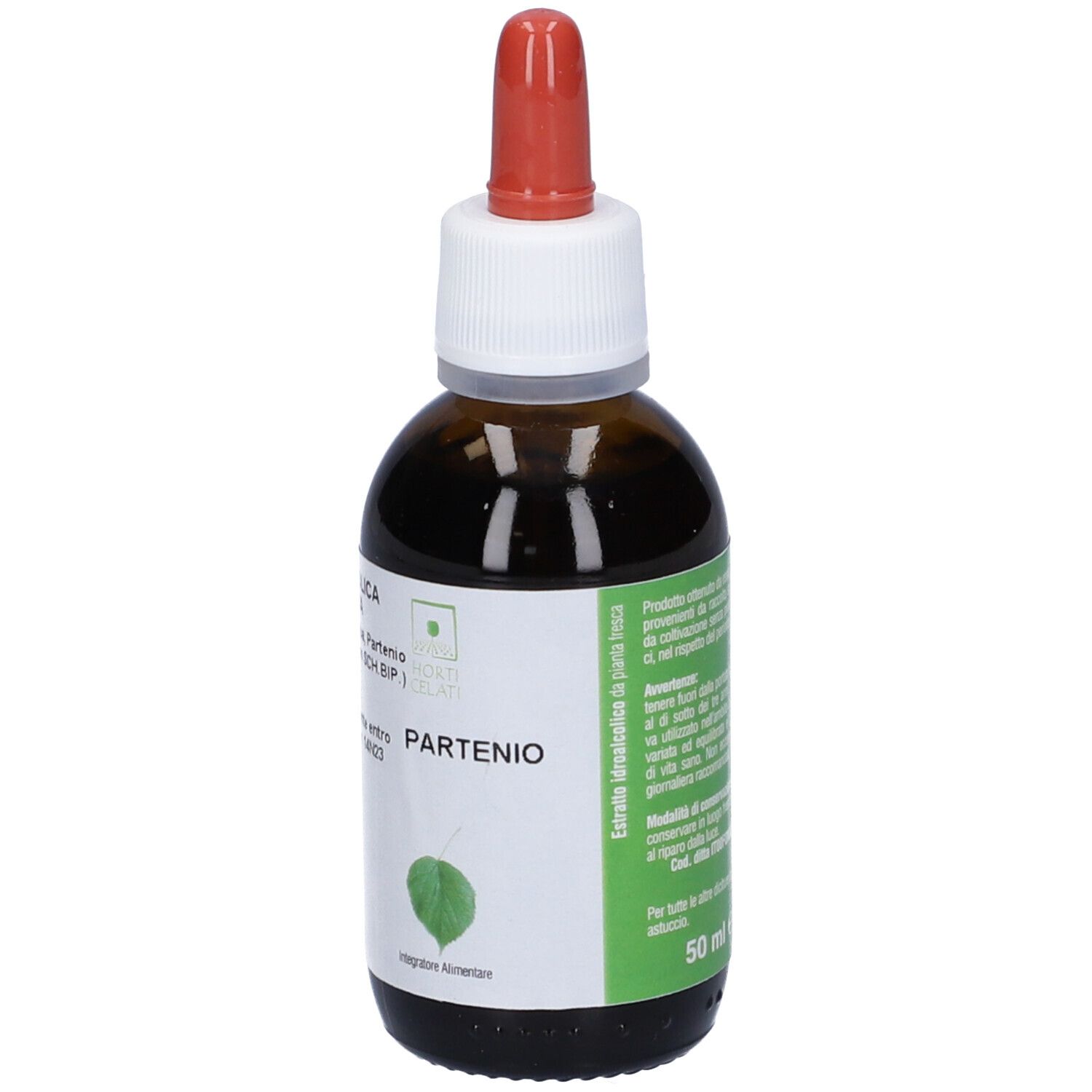 Flacone di vetro marrone con contagocce rosso. Etichetta con nome prodotto e simbolo foglia. Integratore alimentare.