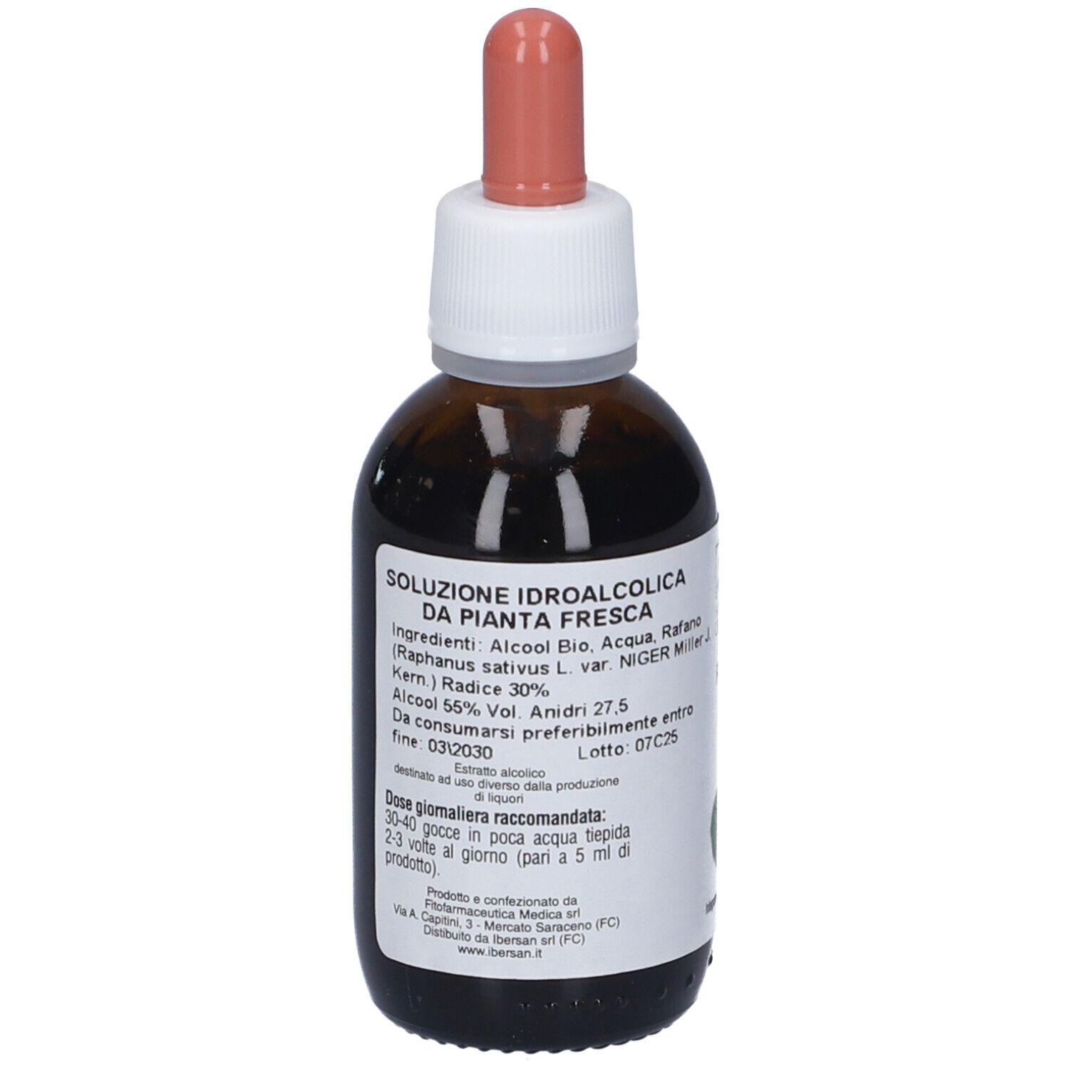 Flacone di vetro marrone con contagocce. Etichetta con informazioni sul prodotto. Tappo bianco, contagocce rosa.