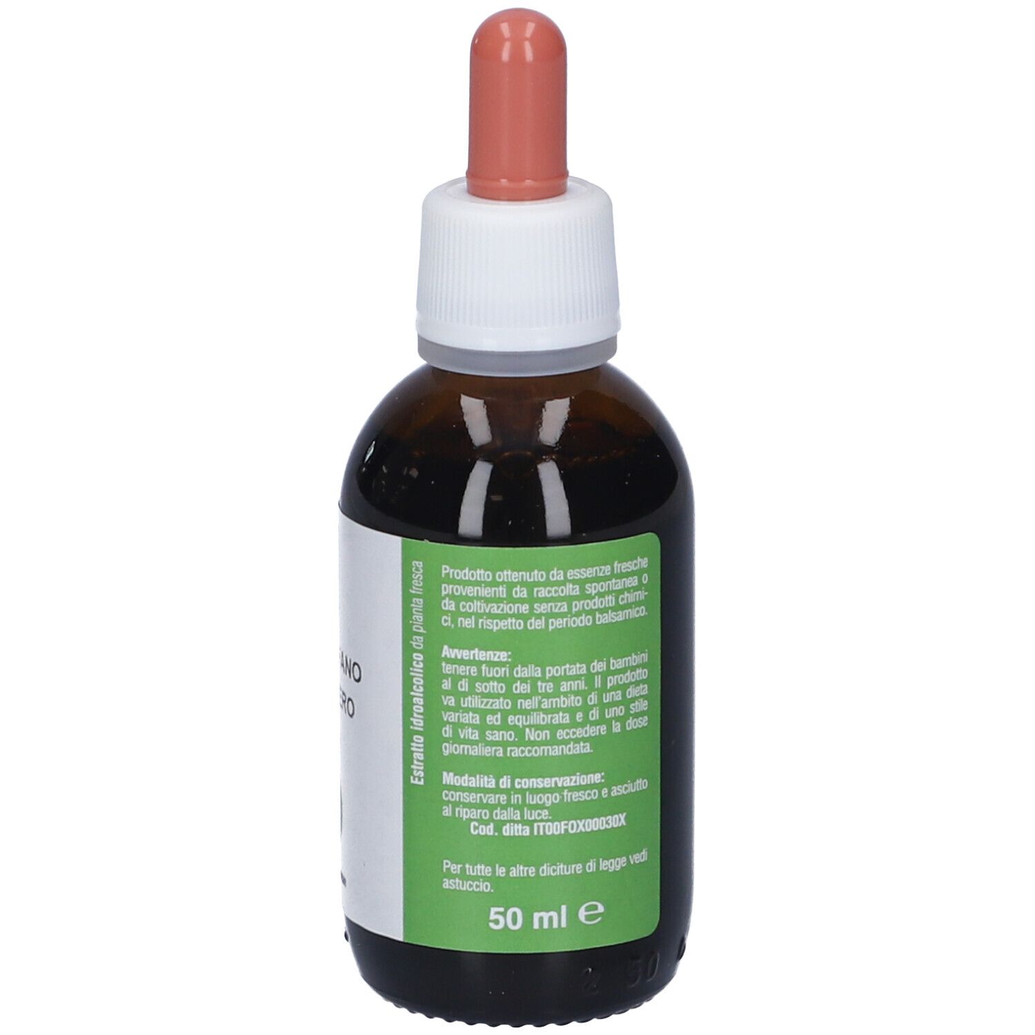 Flacone di vetro marrone con contagocce. Etichetta con informazioni prodotto e 50 ml. Tappo bianco, contagocce rosa.