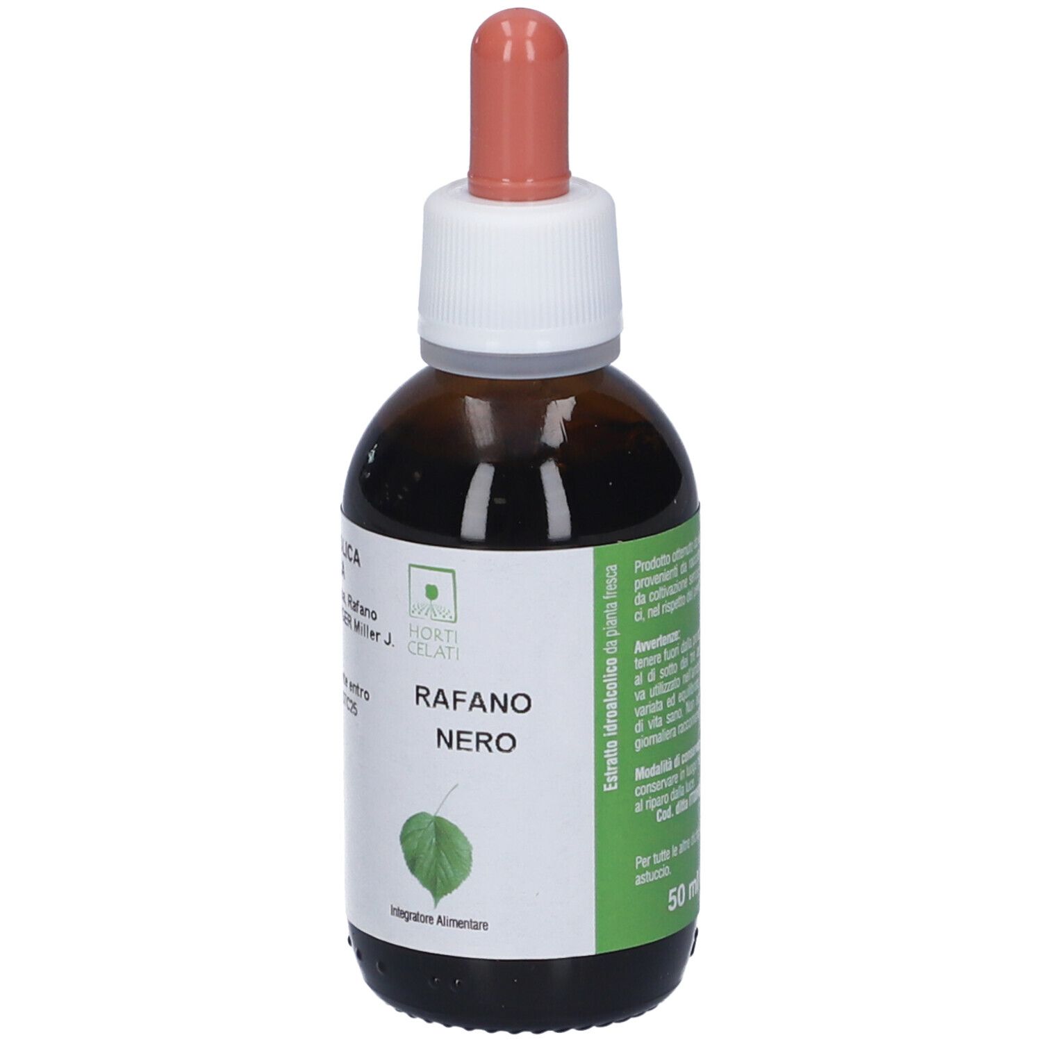 Flacone di vetro marrone con contagocce. Etichetta con nome prodotto e simbolo foglia. Tappo bianco, contagocce rosa.