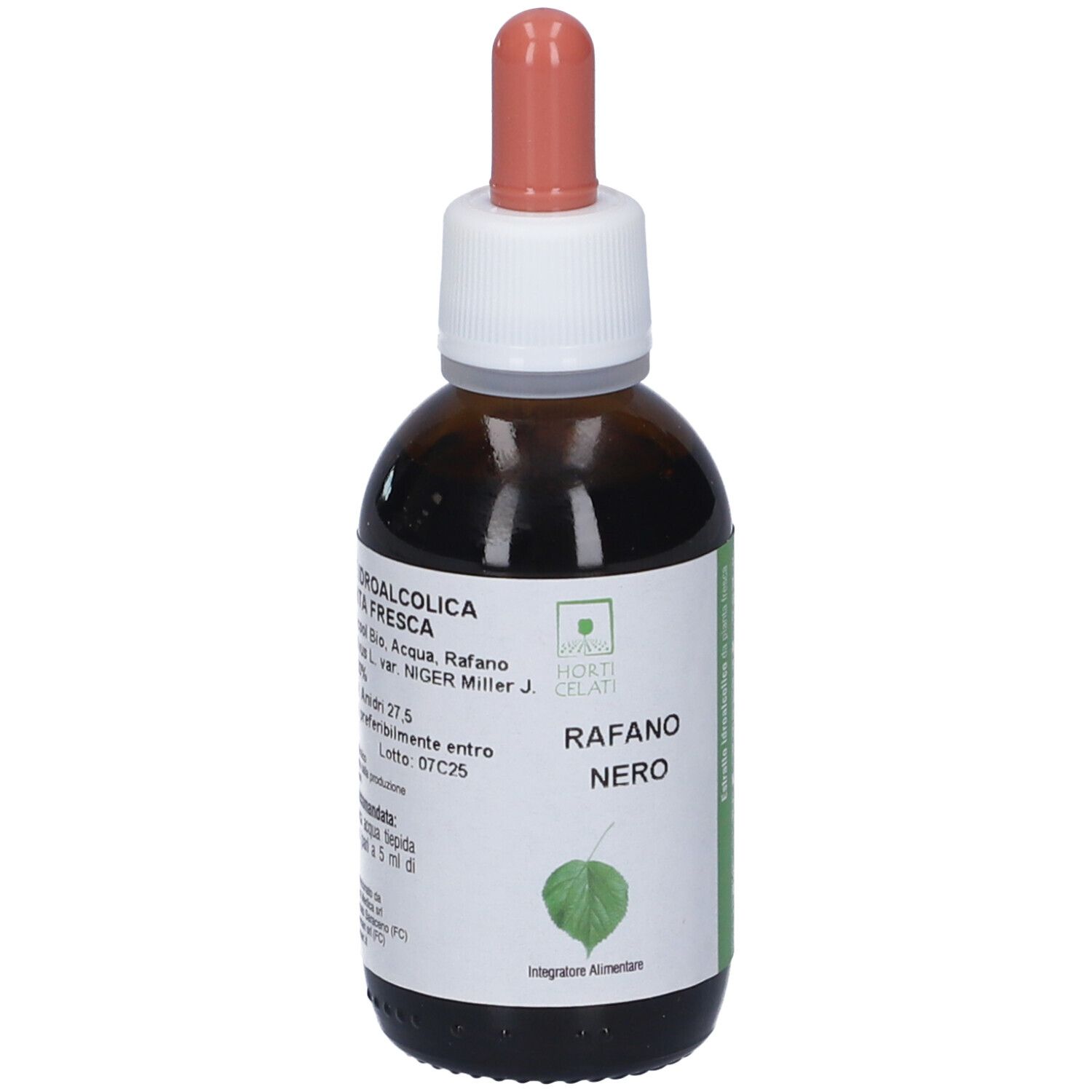 Flacone di vetro marrone con contagocce. Etichetta con informazioni sul prodotto. Tappo bianco, contagocce rosa.