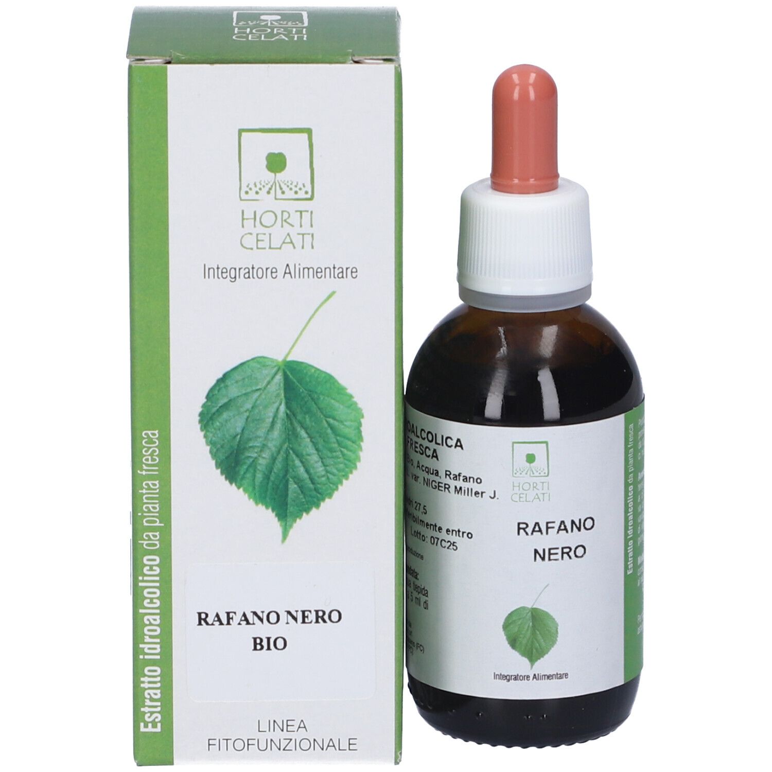 Flacone di vetro marrone con contagocce e scatola. Scatola con nome prodotto e simbolo foglia. Tappo bianco, contagocce rosa.