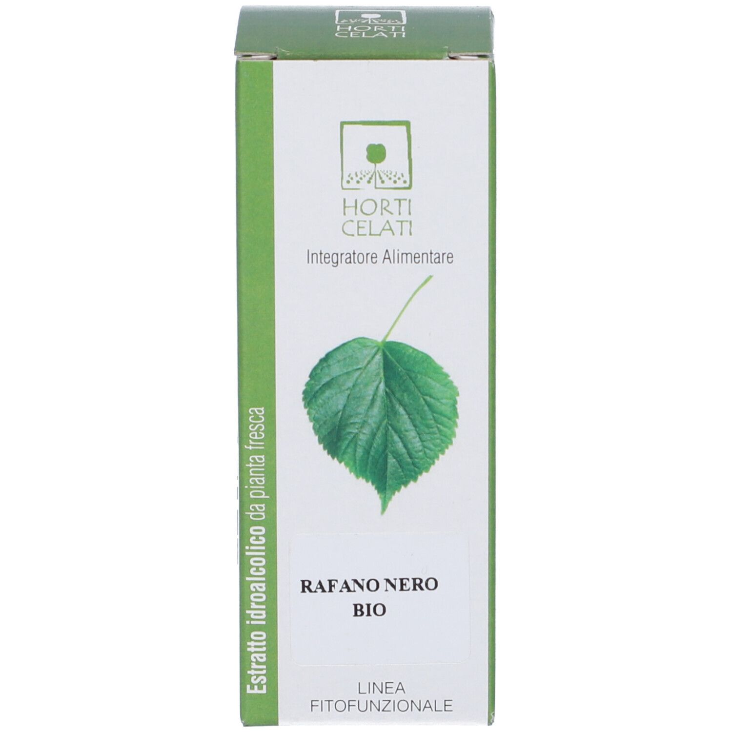 Scatola con nome prodotto e simbolo foglia. Colori verde e bianco. Testo: Estratto idroalcoolico da pianta fresca.