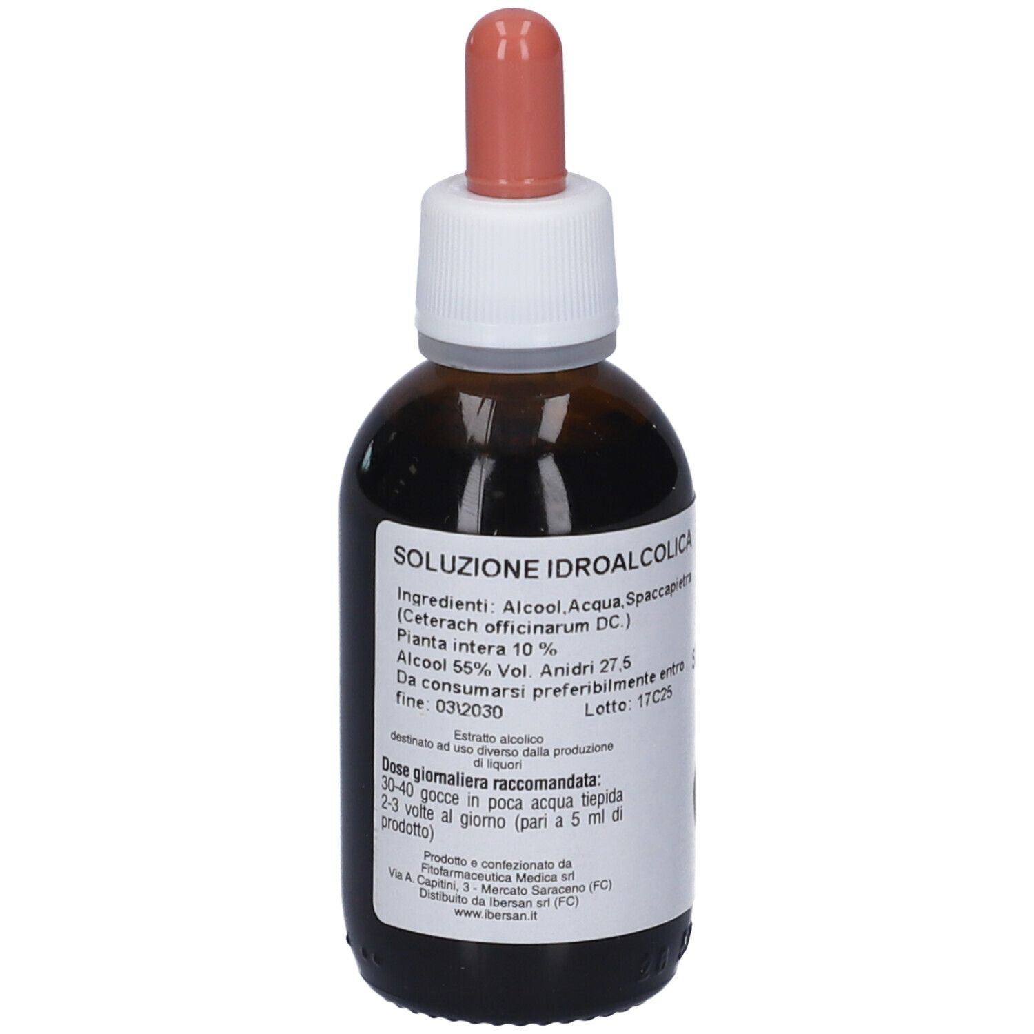 Flacone di vetro marrone con contagocce. Etichetta con ingredienti e dosaggio. Scritta: Spaccapietra.