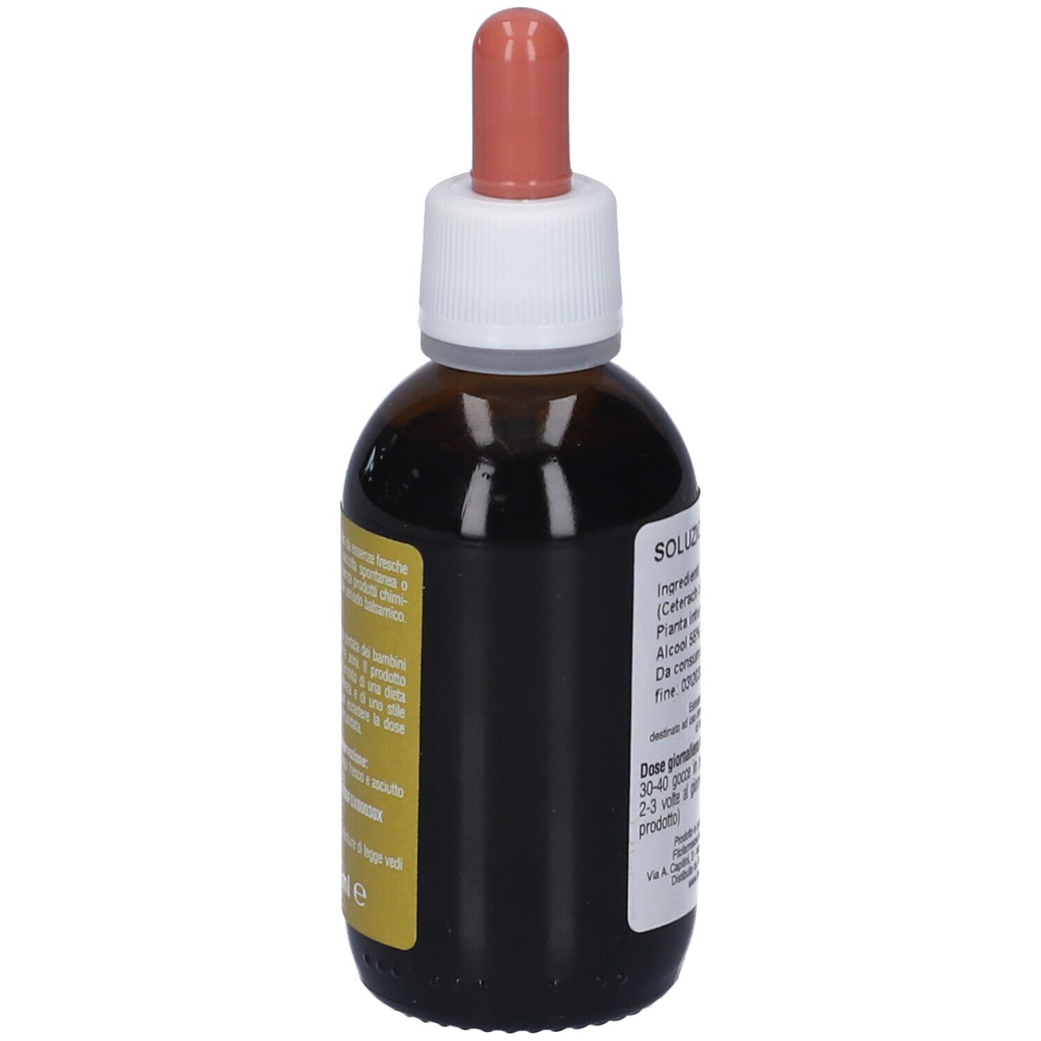 Flacone di vetro marrone con contagocce. Etichetta con testo. Scritta: Spaccapietra.