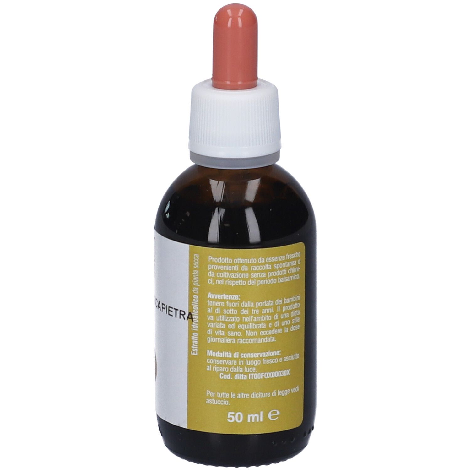 Flacone di vetro marrone con contagocce. Etichetta con testo. Scritta: Spaccapietra, 50 ml.