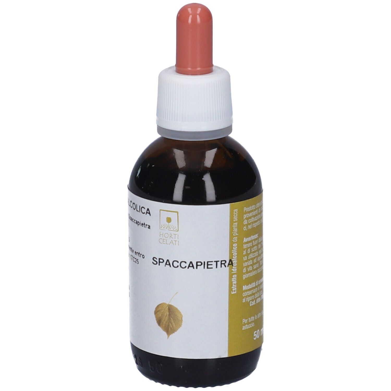 Flacone di vetro marrone con contagocce. Etichetta con testo e simbolo foglia. Scritta: Spaccapietra, 50 ml.