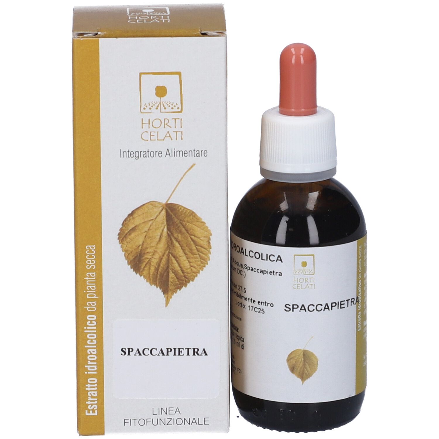 Flacone di vetro marrone con contagocce e scatola. Scritta: Horti Celati, Spaccapietra.