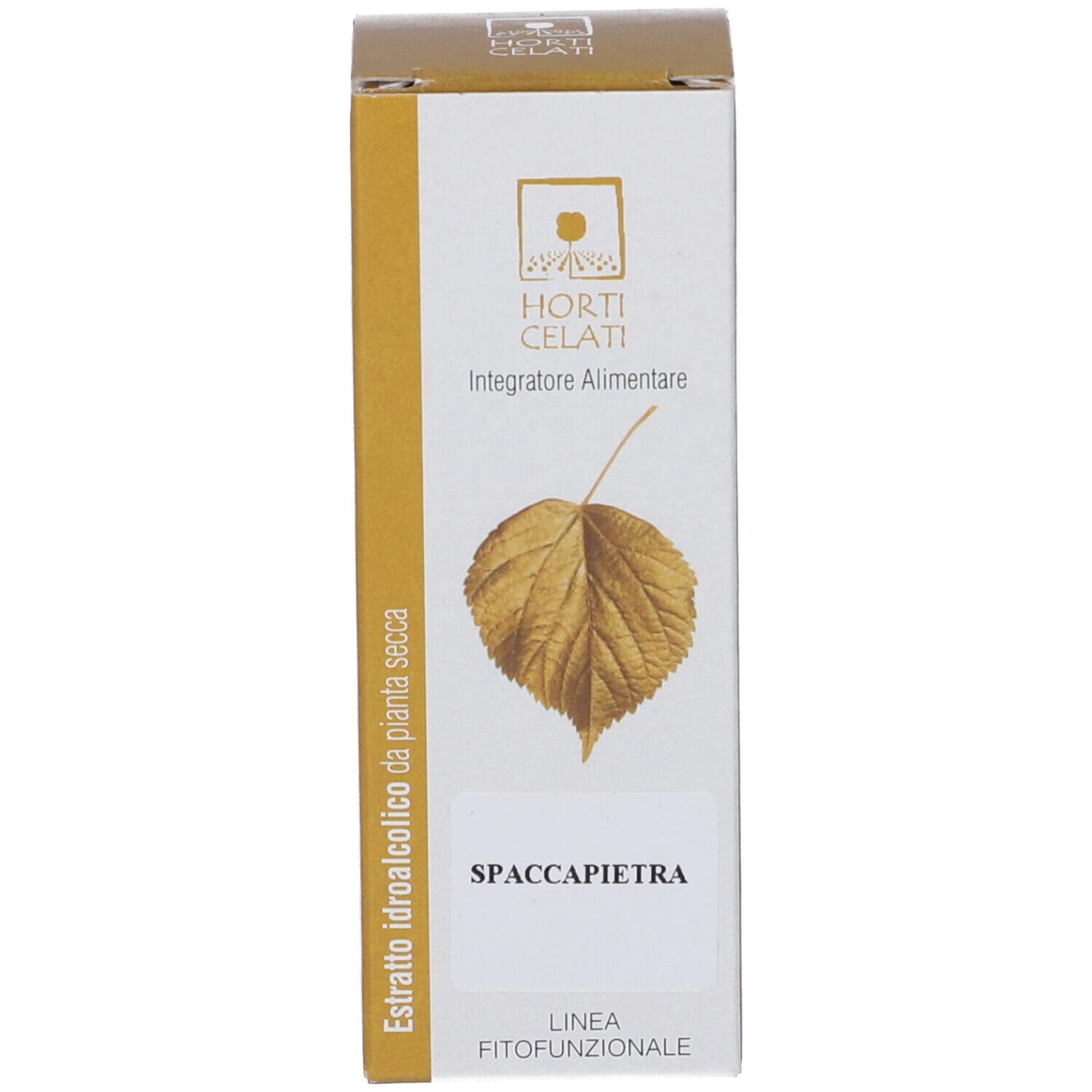 Scatola con simbolo foglia. Scritta: Horti Celati, Spaccapietra.