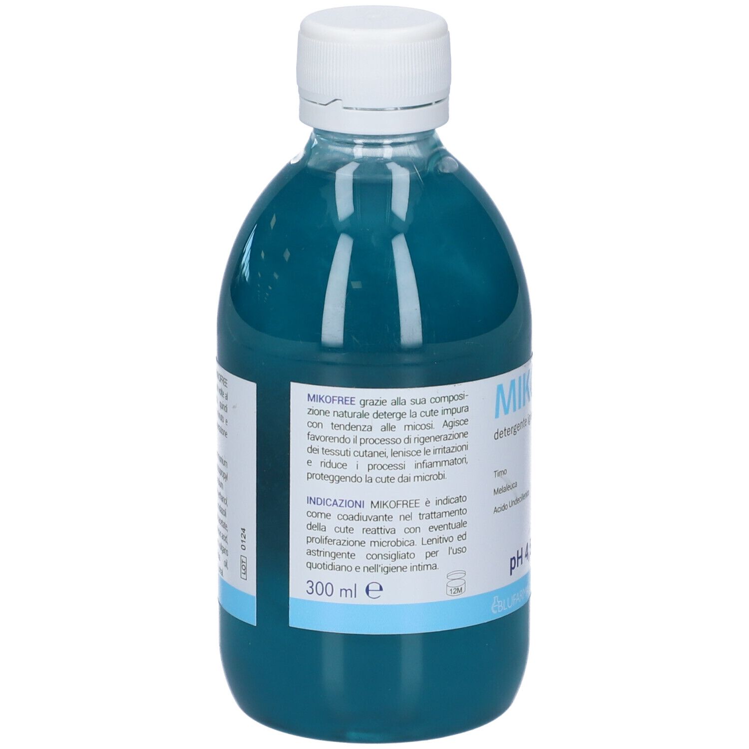Retro della bottiglia di liquido blu. Testo: MIKOFREE, 300 ml, pH 4,5. Etichetta con ingredienti.