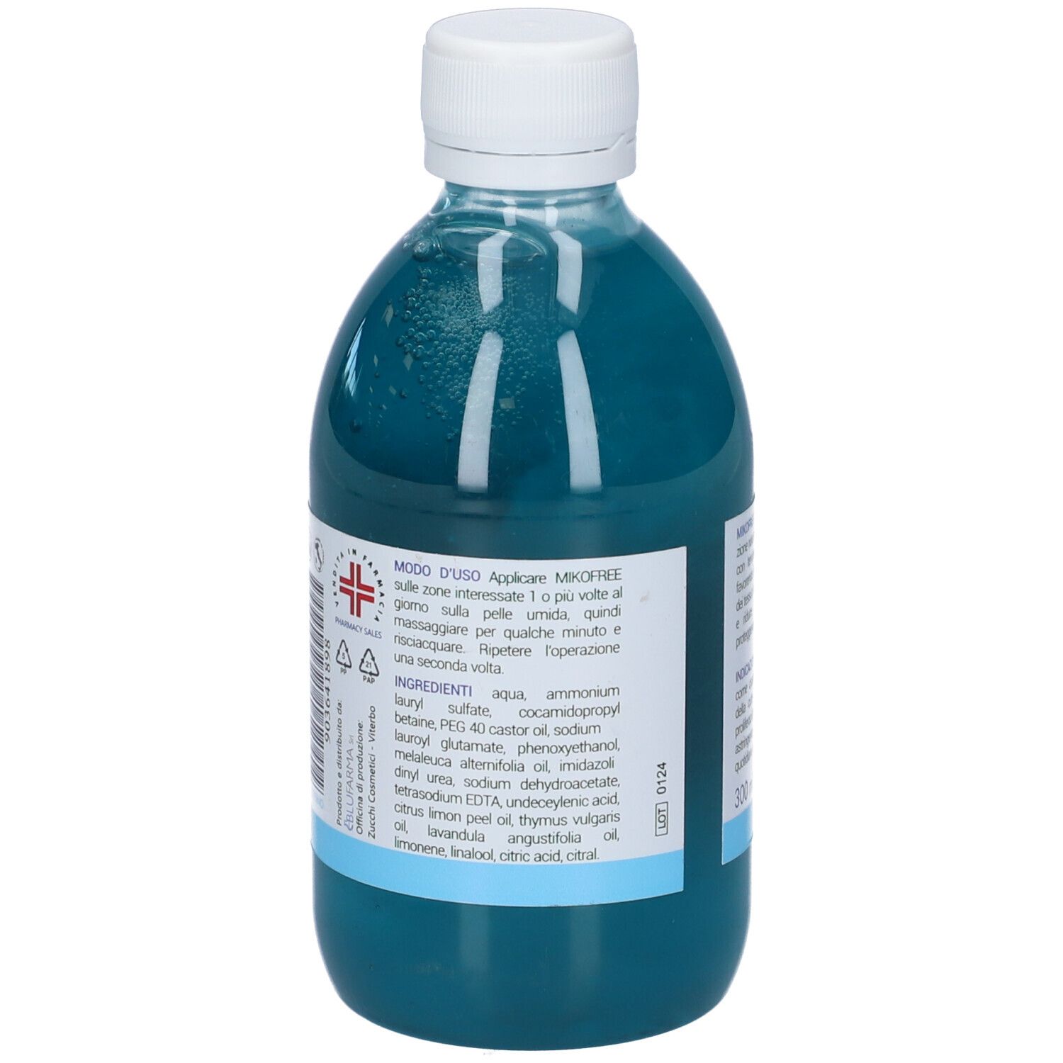 Retro della bottiglia di liquido blu. Testo: Modo d'uso, ingredienti, 300 ml.