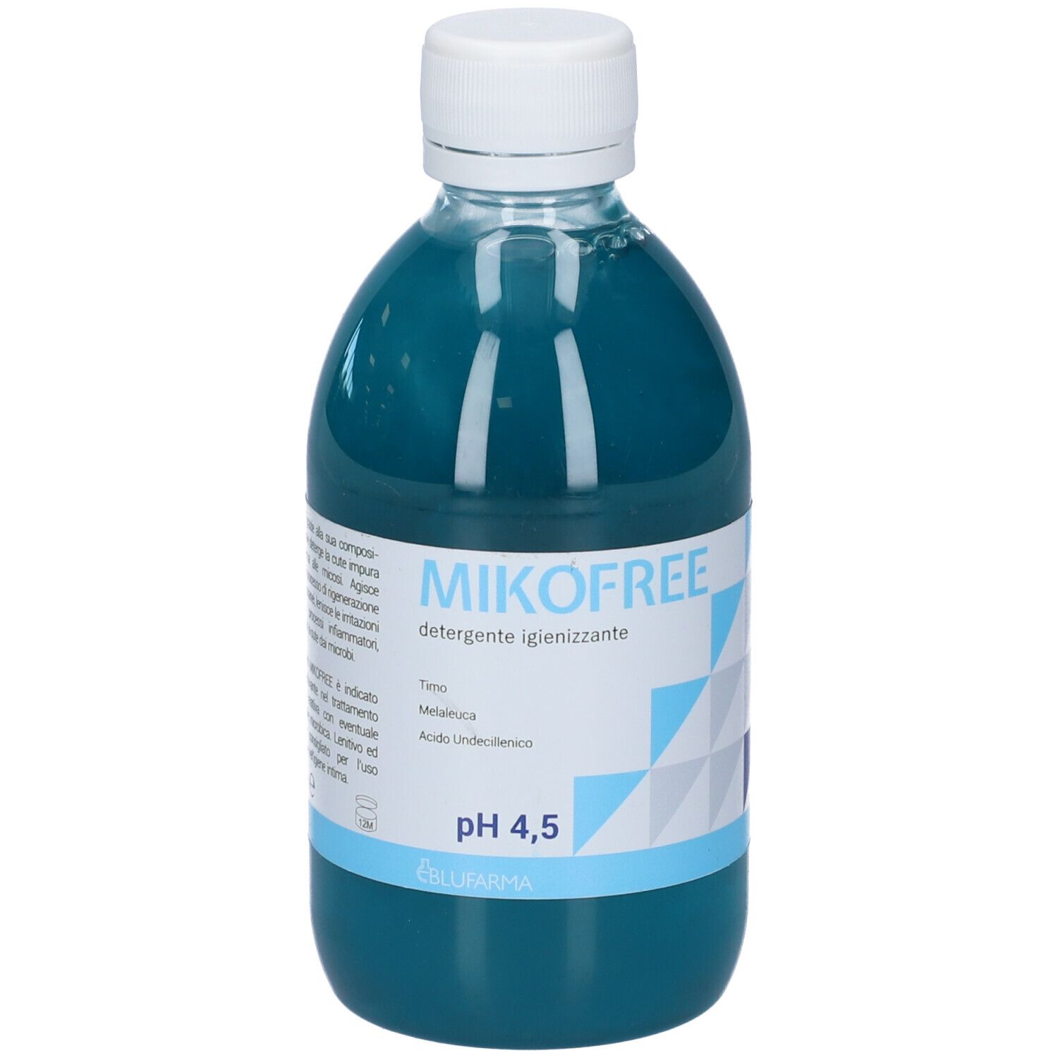 Liquido blu in bottiglia con tappo bianco. Scritta: MIKOFREE, Detergente Igienizzante, pH 4,5.