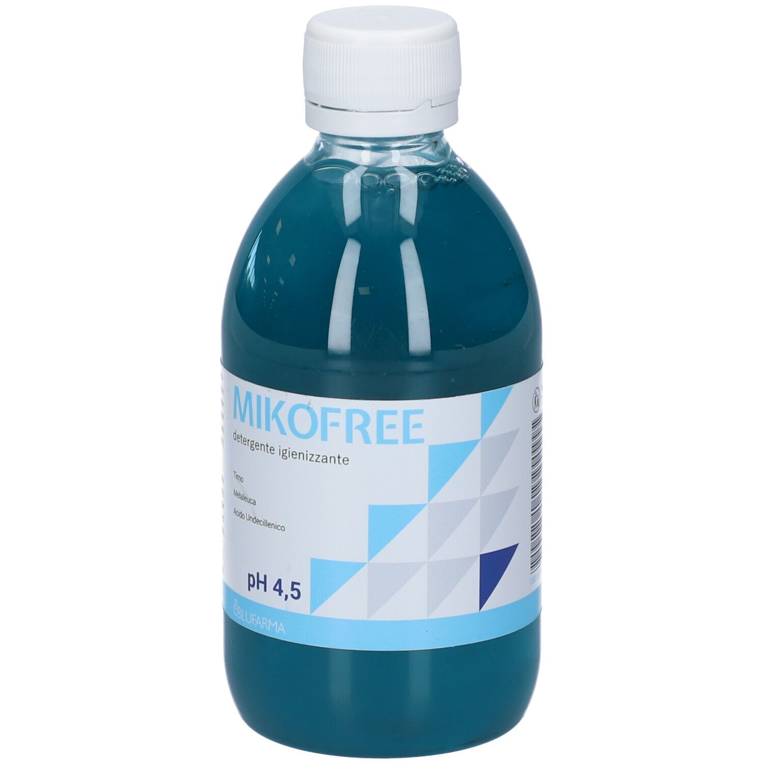 Liquido blu in bottiglia con tappo bianco. Scritta: MIKOFREE, Detergente Igienizzante, pH 4,5.