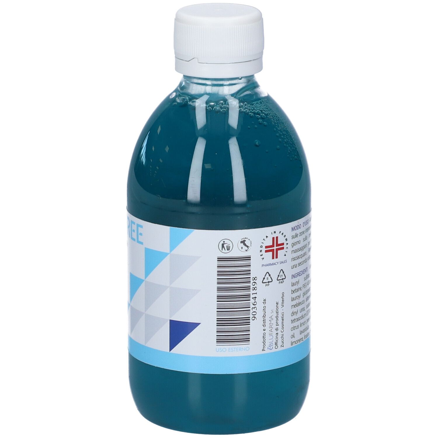 Retro della bottiglia di liquido blu. Etichetta con testo e codice a barre.