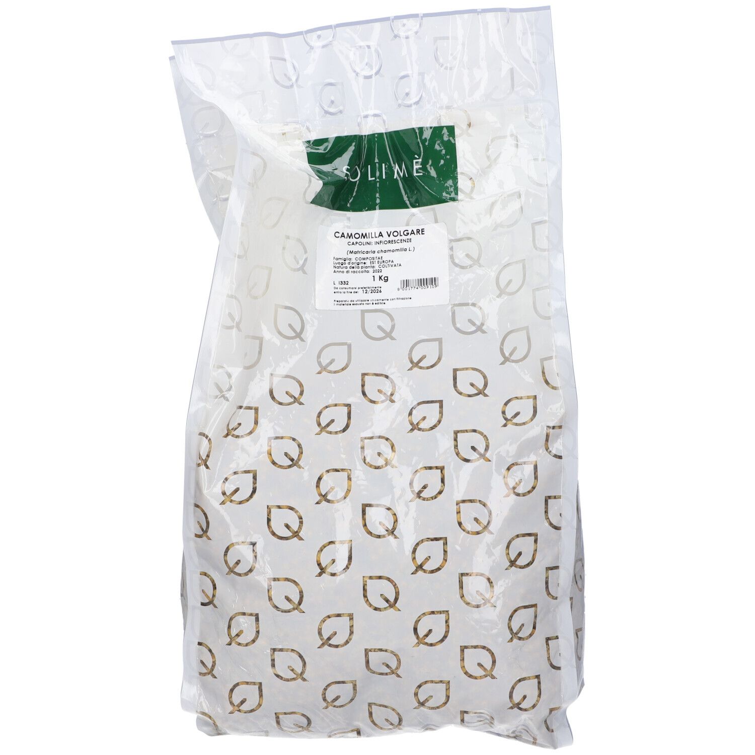 Sacchetto di Camomilla Volg Capolini Int1Kg. Stampa con nome prodotto, marchio Solime e 1 kg. Confezione trasparente con motivo a foglie.