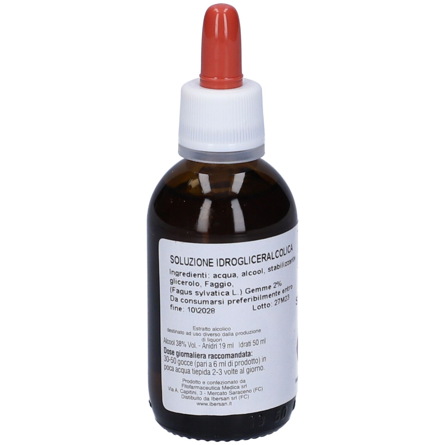 Flacone di vetro marrone con contagocce rosso. Etichetta con informazioni sul prodotto, ingredienti e istruzioni per l'uso.