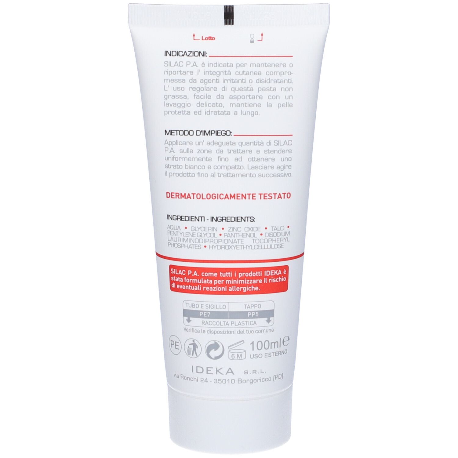 Retro di un tubo con testo. Stampa: dermatologicamente testato. Ingredienti e istruzioni per l'uso.