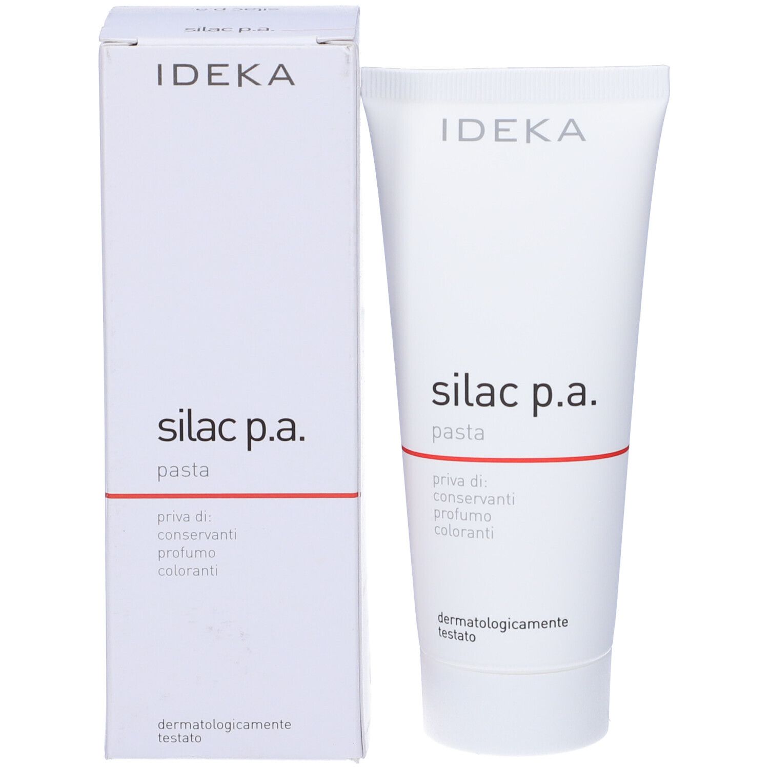 Confezione del prodotto con tubo. Confezione bianca con linea rossa e scritta. Marchio IDEKA.