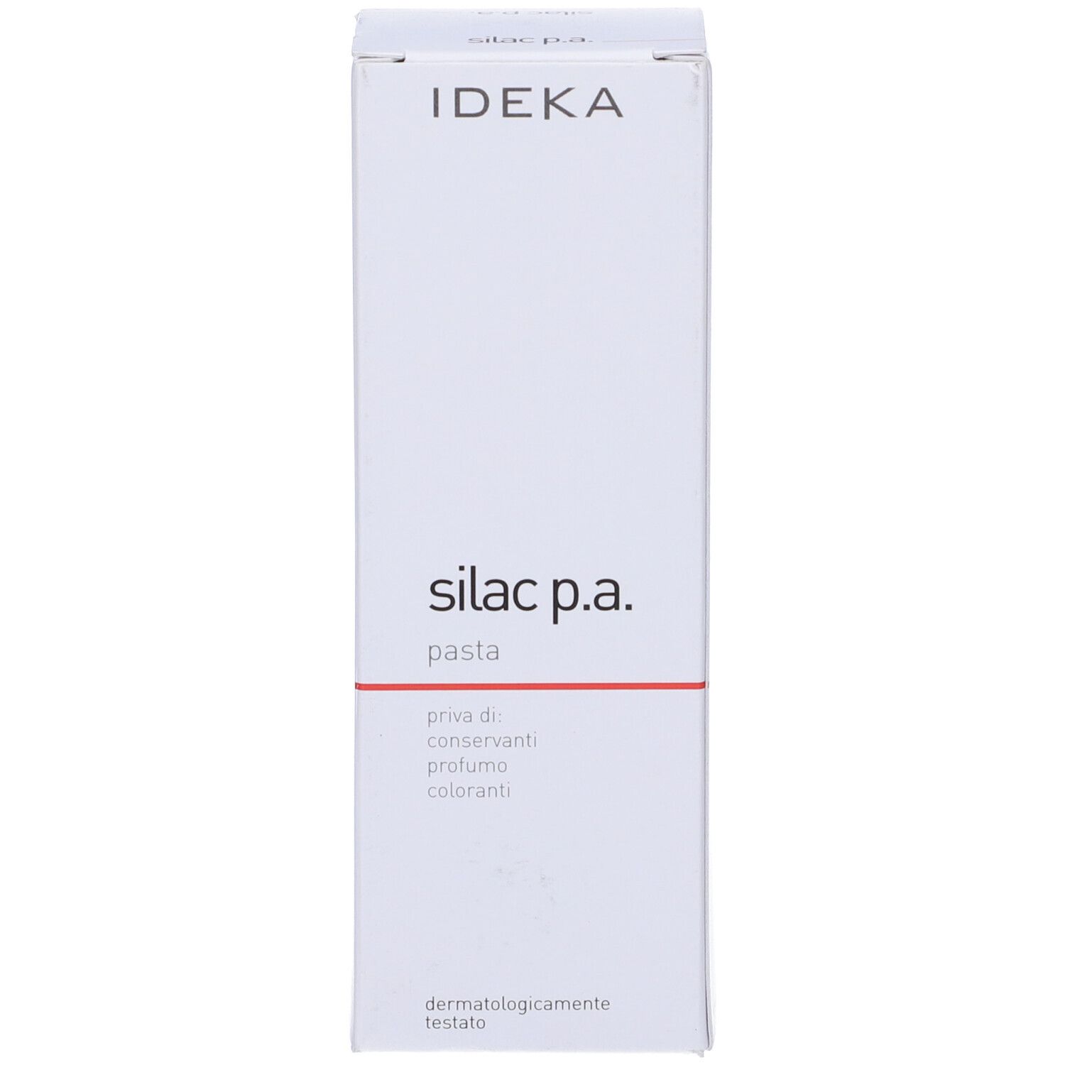 Confezione bianca con linea rossa e scritta. Stampa: dermatologicamente testato. Marchio IDEKA.