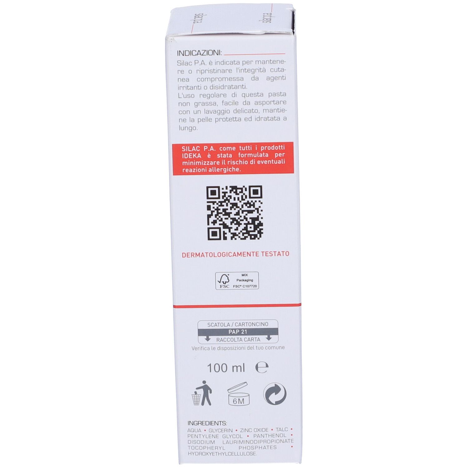 Retro della confezione del prodotto con testo. Stampa: dermatologicamente testato. Codice QR e ingredienti.