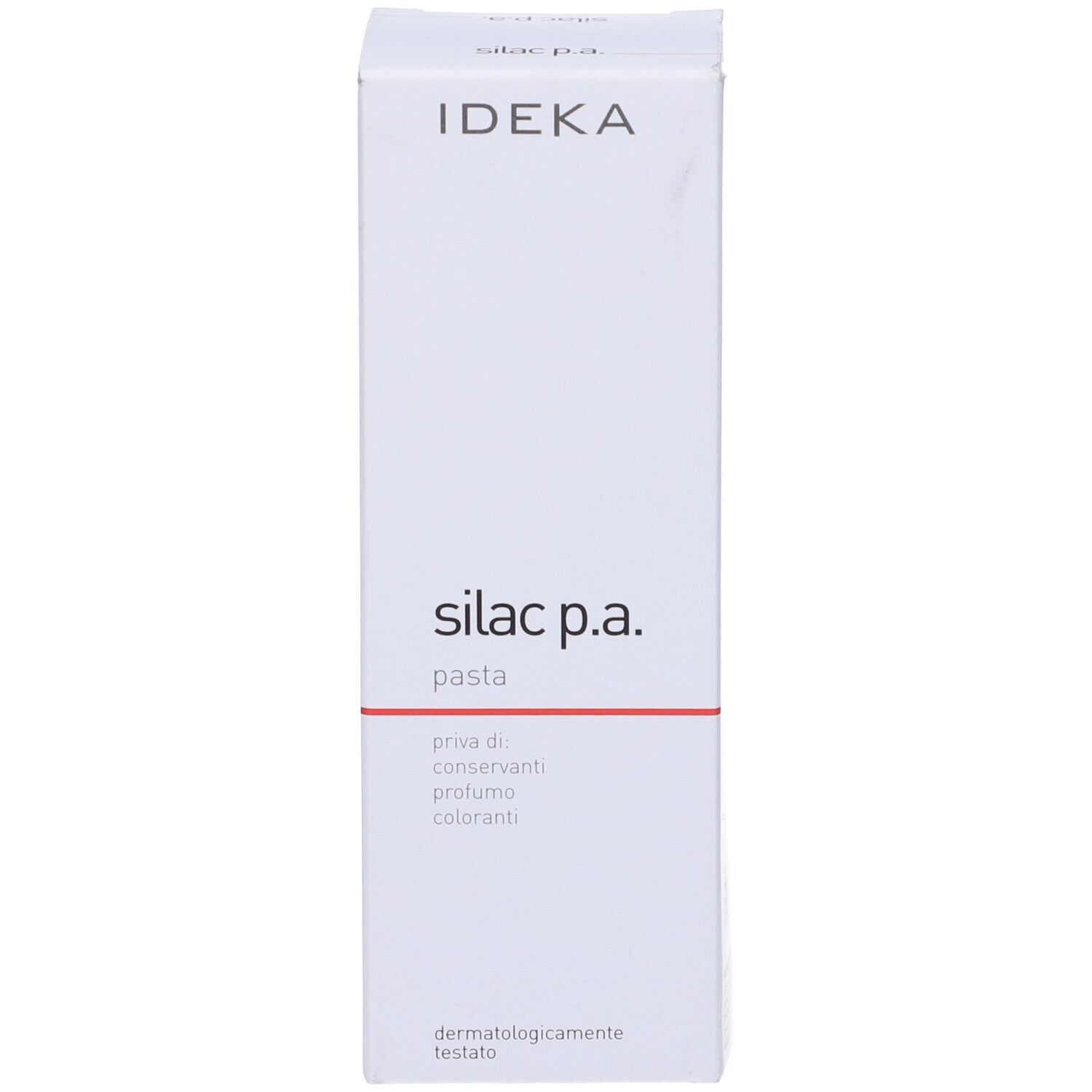 Confezione bianca con linea rossa e scritta. Stampa: dermatologicamente testato. Marchio IDEKA.