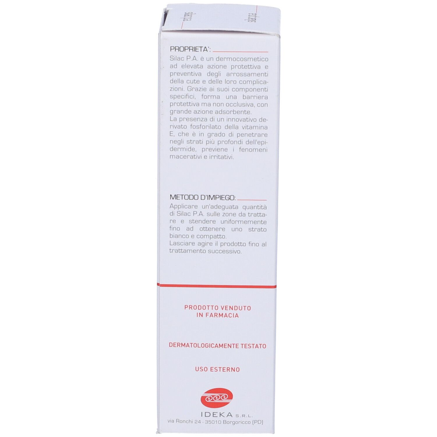 Retro della confezione del prodotto con testo. Stampa: dermatologicamente testato. Istruzioni e marchio IDEKA.